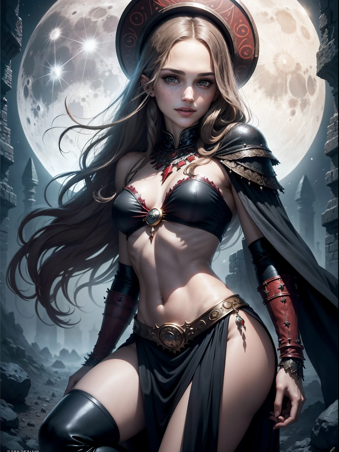 1970's dark fantasy heavy metal disc cover. teen natalie portman as a red priestess girl. gentle smile. (Moon night desolation). freckles. slender and beautiful. intricate detail