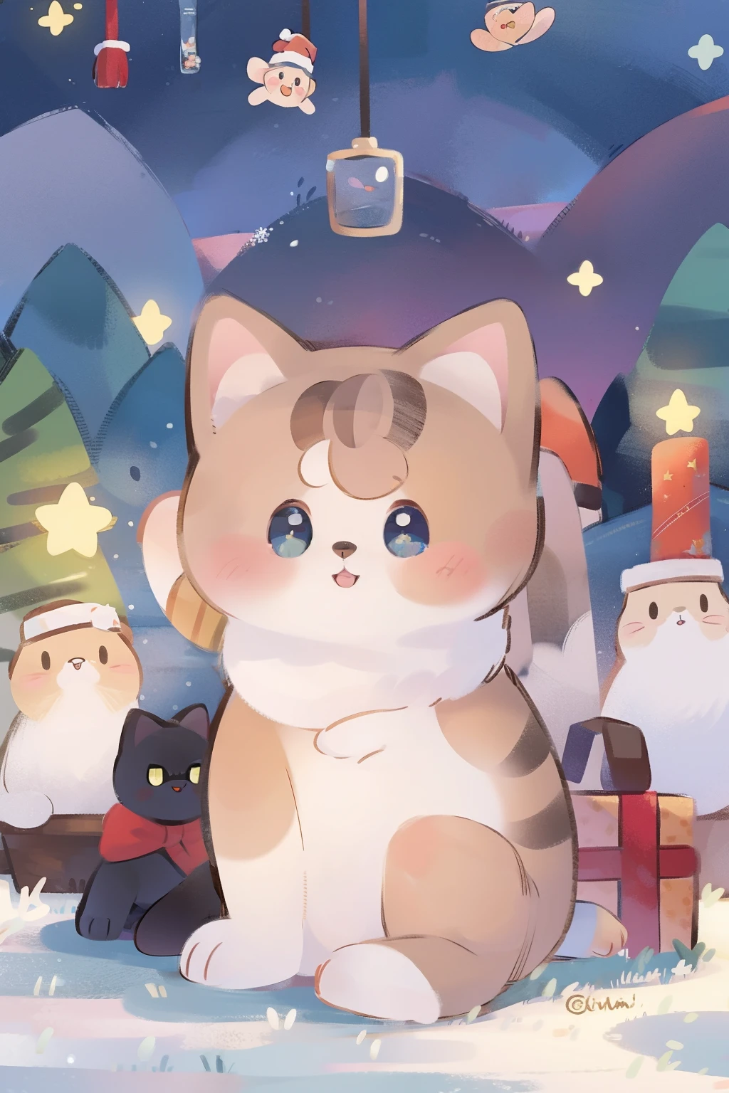 Scottish folding cat, closeup cleavage, nevando, christmas tree.