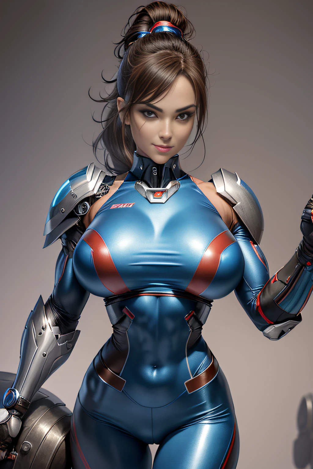 Textured skin, Super Detail, high details, High quality, Best Quality, hight resolution, 1080p, hard disk, Beautiful,(Iron Patriot),beautiful cyborg woman,Mecha Cyborg Girl,Battle Mode,Girl with a Mecha Body,mecha-armored,Fulll body Shot,Girl with a Mecha Body,She wears a futuristic combat cyborg mech,(Sharp Focus:1.2), Photo, attractive young woman, (Beautiful face:1.1), Detailed eyes, luscious lips, (smokey eye makeup:0.85), (large full breasts:1.3), (athletic bodies:1.5), Arafe woman solo with ponytail hair、Mischievous smile