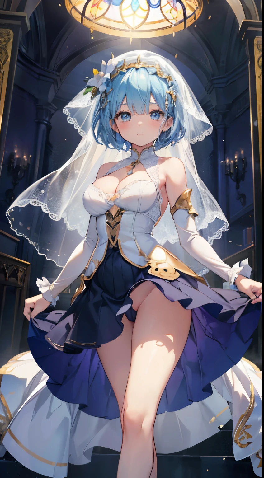 extra detailed face, Perfect Lighting, extremely details CG, 4K、8K、be shy、mournful smile、(Perfect hands, Perfect Anatomy)、Ultra-realistic photo of a girl in a beautiful white wedding dress, Big beautiful dress,weddingdress、Silk Veil、Complex puffy ball gown with lots of frills and rhinestones (Best Quality, masutepiece, art stations, Fantasy Art:1.2),chies,chapel、Beautiful stained glass、beautiful bouquet beautiful cute girl, Rem of Rezero、(Blue shorthair:1.3), Bangs hide one eye、(Complex short gold skirt, Bare legs:1.2, Full body shot)、very Bigger breasts、cleavage of the breast、Nipples show through、White panties、(Clearly visible detailed female pubic shape: 1.4)、skirt rift、Thin leg、Skinny Legs、very very short skirt、low angles、Peeking out the skirt from below