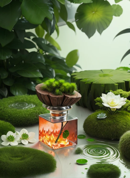 fotografia do produto，firewood，mossy，Eau，a plant，verde claro，White flowers，water ripple，hentail realism, Light green and white gradient background, Color code, depth of fields, high qulity, Super fine detail, author：Hasselblatt