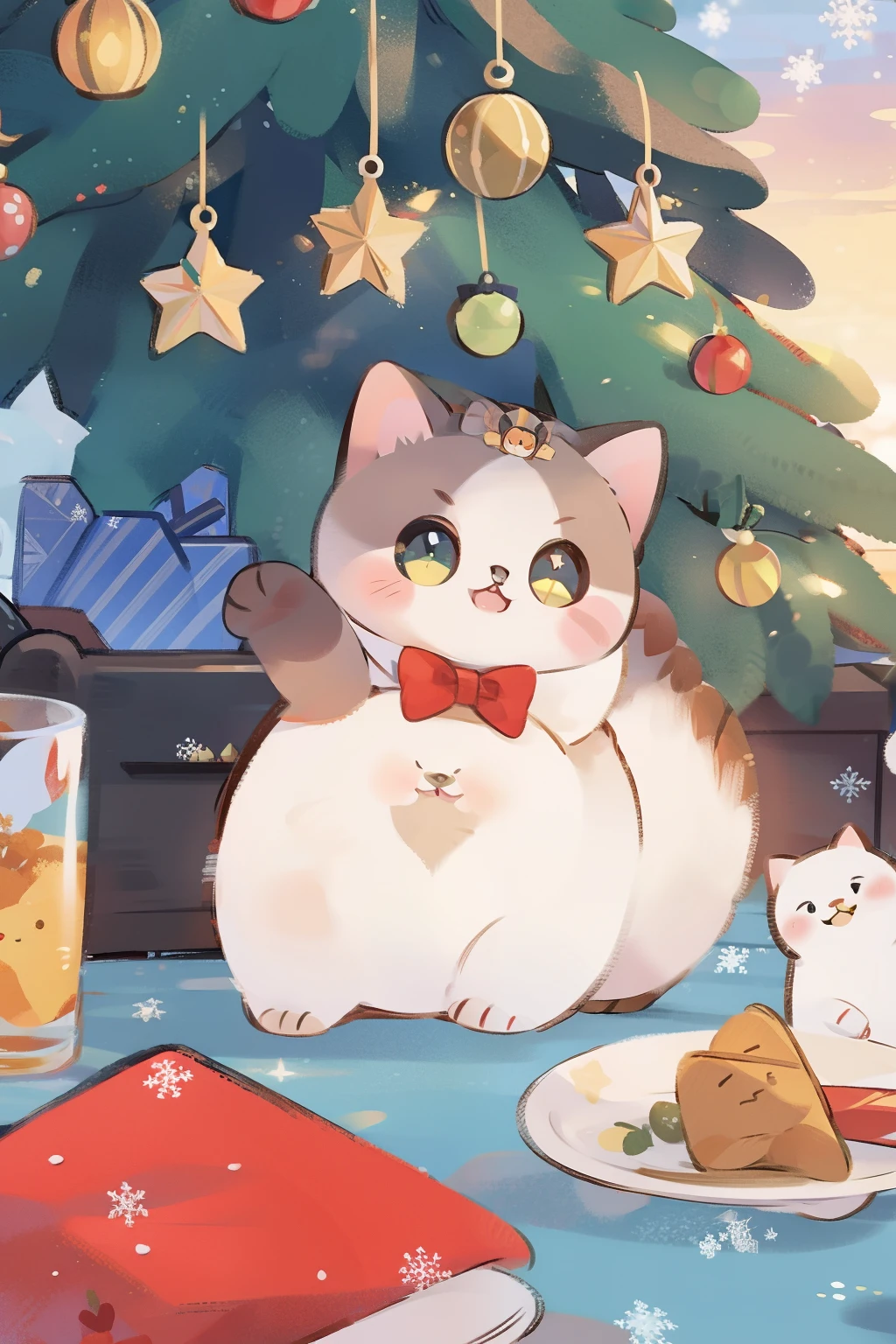 Scottish folding cat, closeup cleavage, nevando, christmas tree.