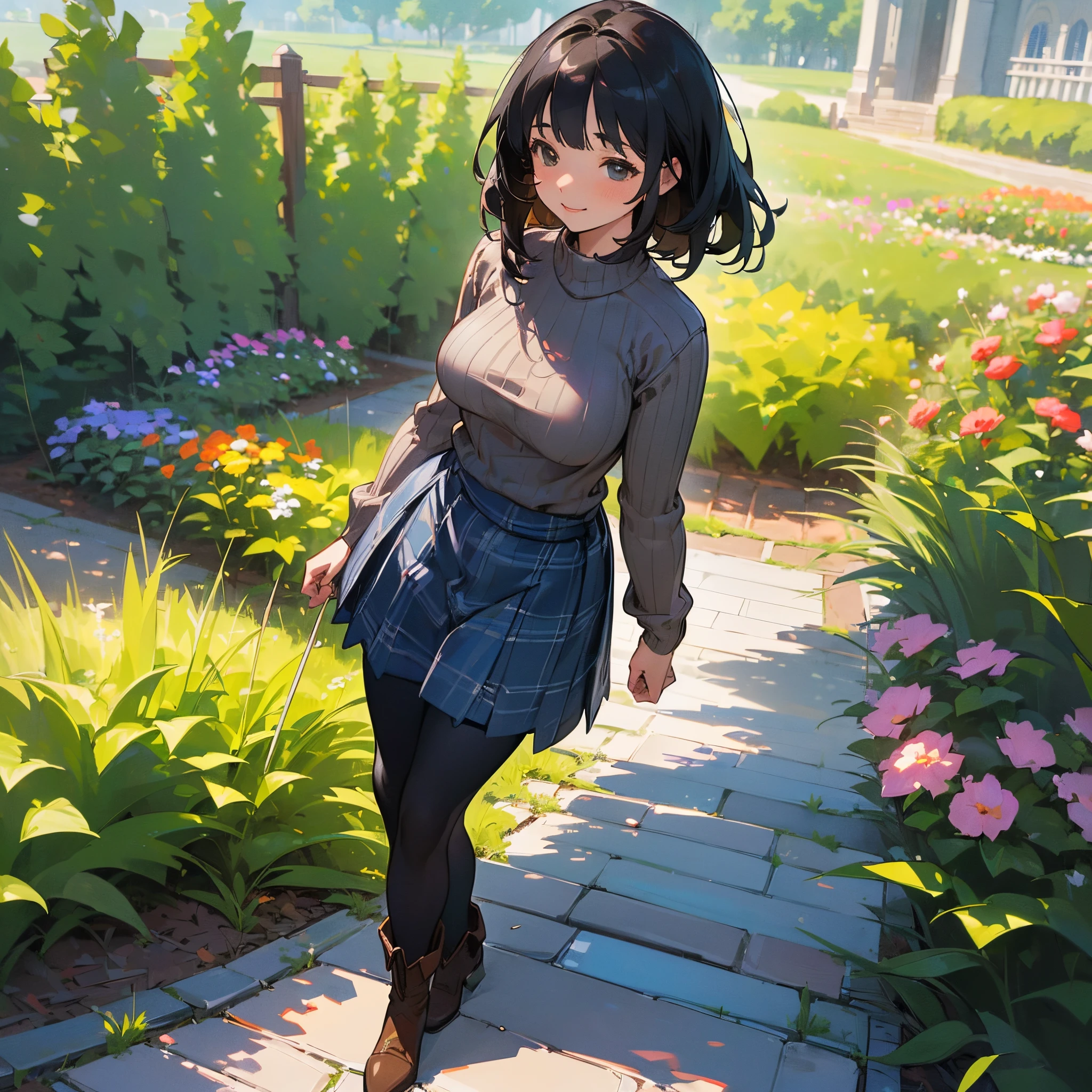 (High quality, High resolution, Ultra-detailed, Realistic:1.37), peaceful ambiance, (plein air, garden), Teenage girl standing alone, (My breasts are big.), Beautiful detailed features, Cute smile, (Black bob hair), Ribbed sweater, blue plaid skirt, Black tights, Brown boots.