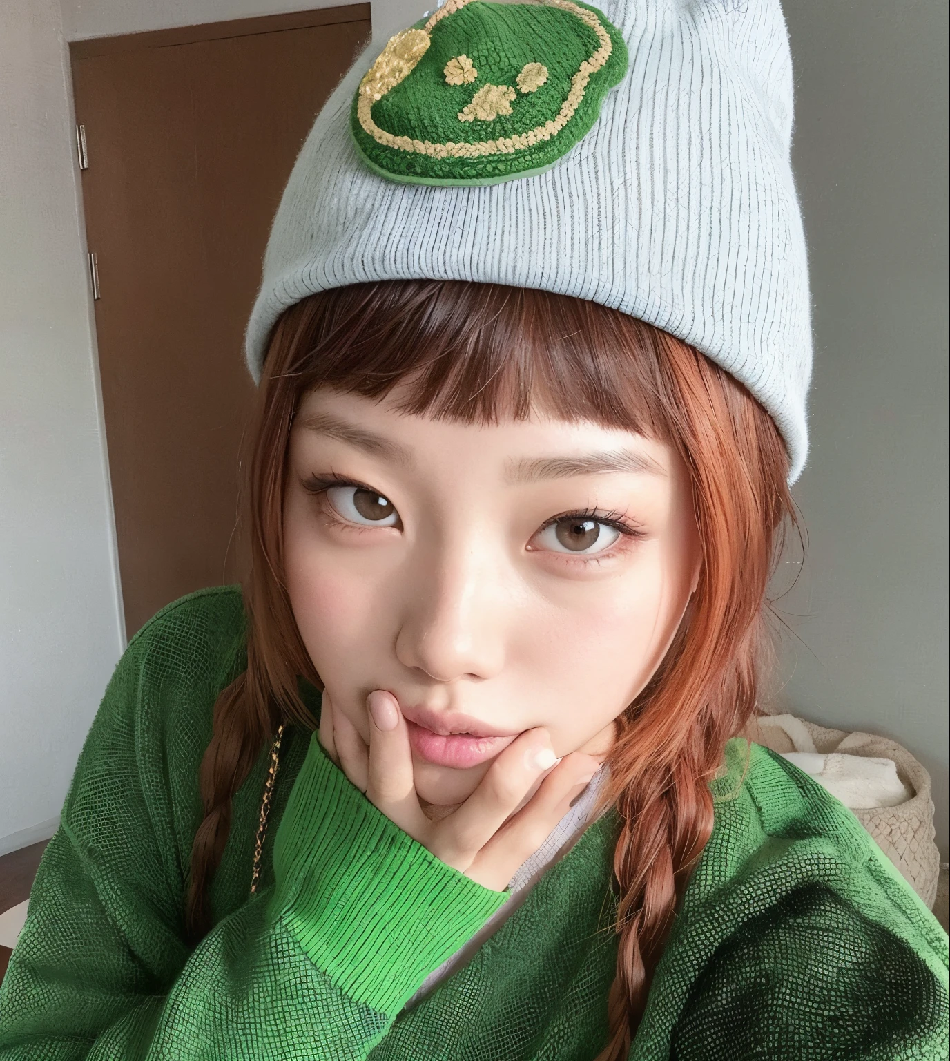 Arafed girl in a green sweater and a gray hat., Chiho, Parque Ji-min, ulzzang, Sun Yunjoo, Lulu Chen, tzuyu de dos veces, lindos ojos verdes redondos rasgados, Lee Ji-eun, Lee Ji - Eun, Hermosa Delphine, Jossi de Blackpink, Heonhwa Choe, con un lindo sombrero