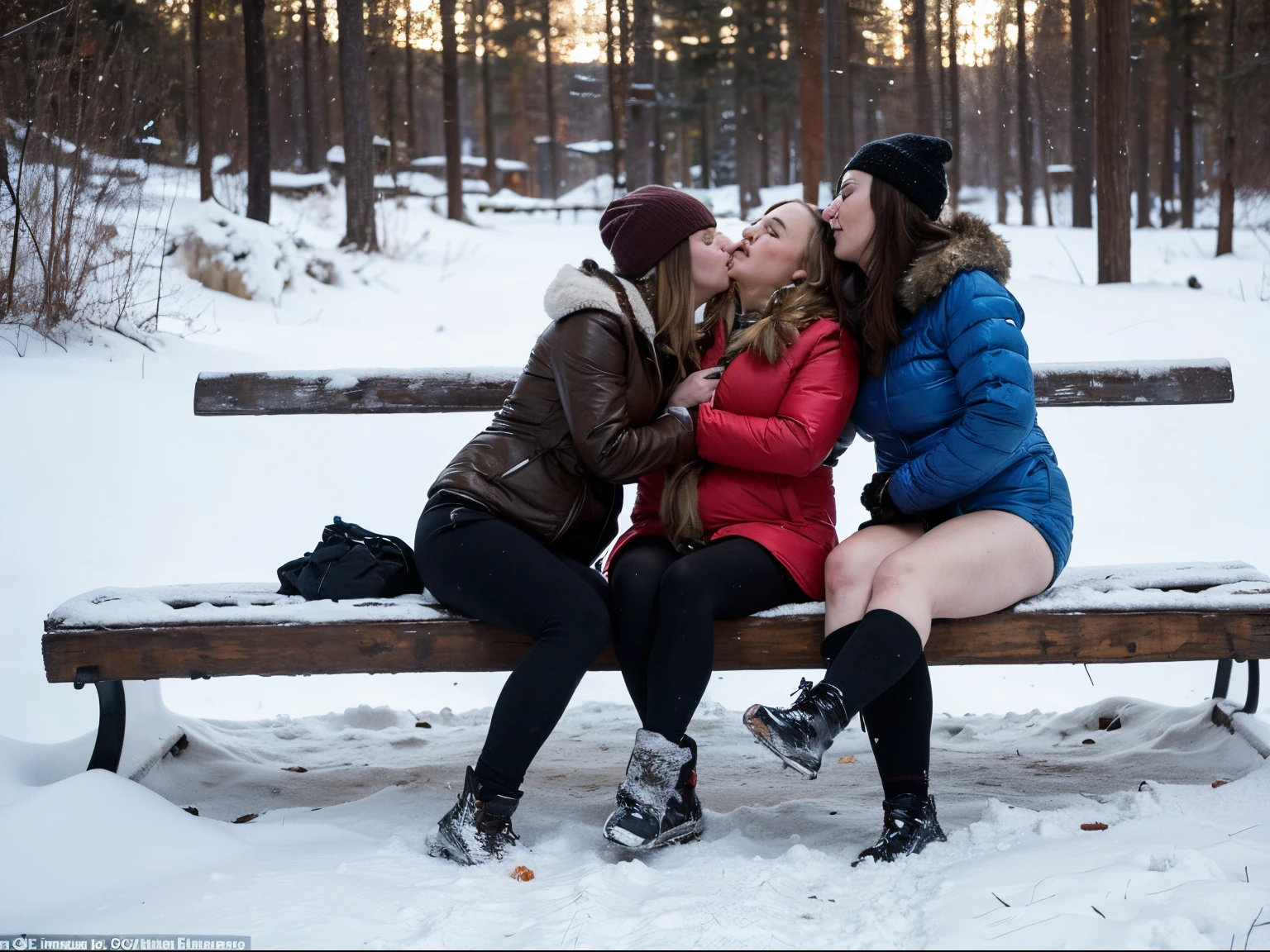 Several very drunk, thick Russian chicks pester each other, climb to kiss, touch each other on the chest and between the legs under and through clothes on a dirty bench in the winter in the forest, drinking alcohol