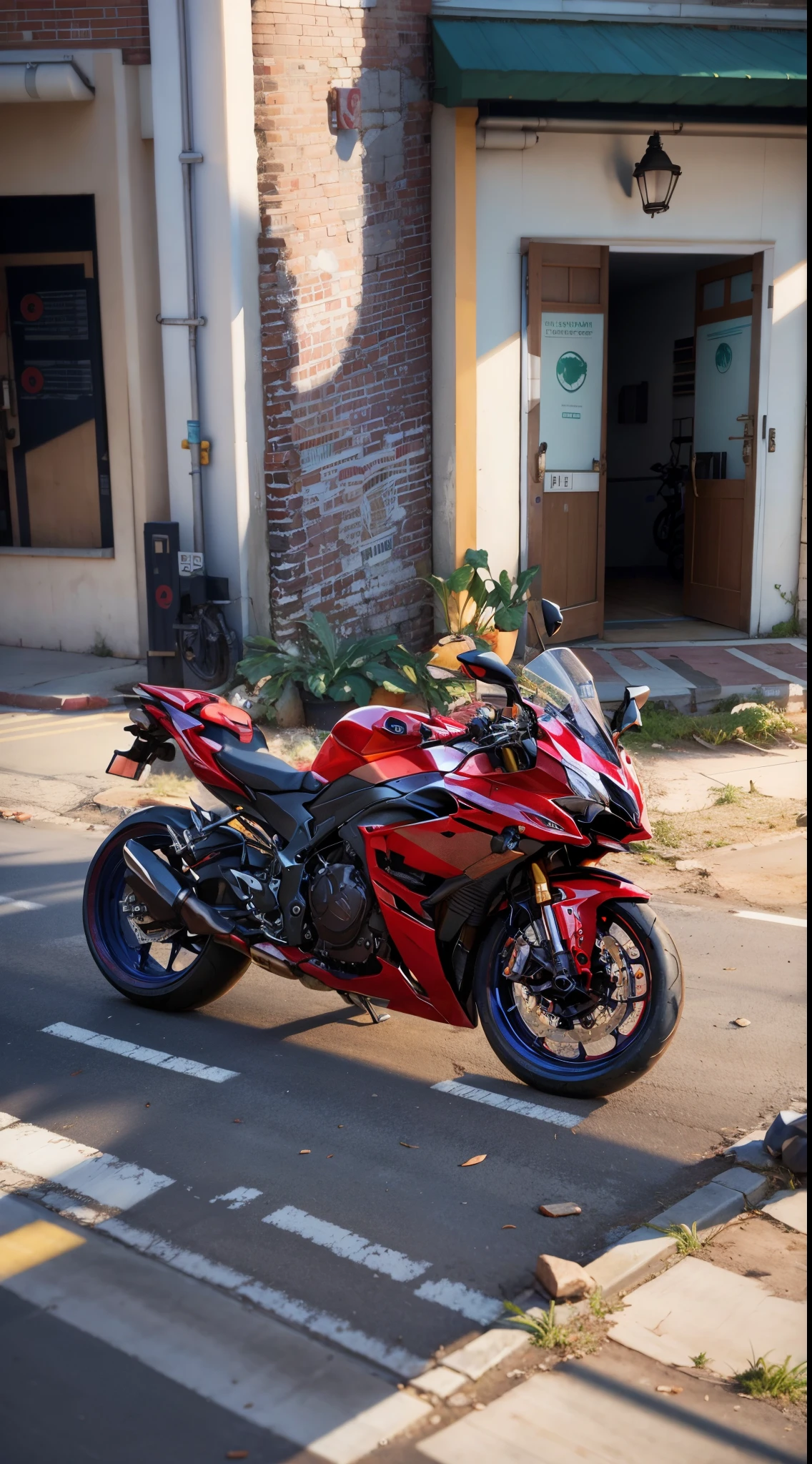 there is a motorcycle parked in front of a building on the street, front side full, f 3 2, f32, front profile, r6, front side, white red, side front view, yoshimura exhaust, front side view, full device, full pose, f 3.5, f3.5, motorcycle, f 3. 5,random background games