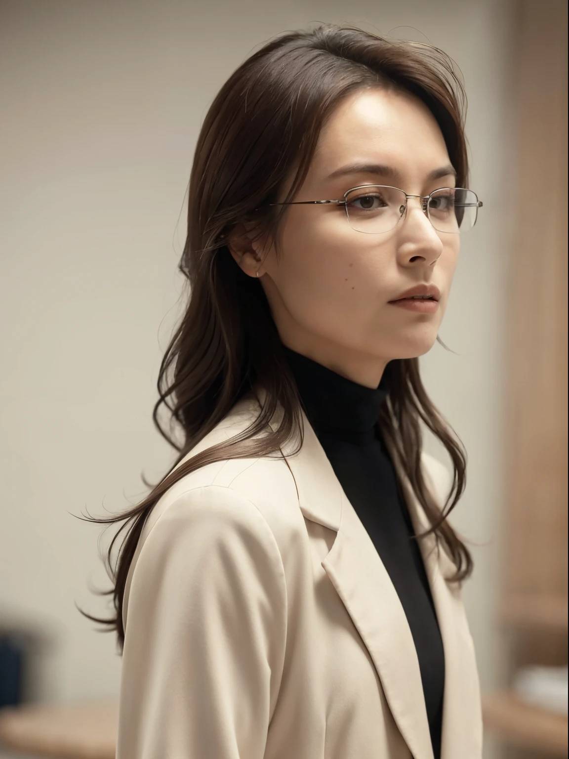 Best quality, masterpiece, ultra high res, RAW photo, (photorealistic:1.4), a woman with rimless eyewears, doctor white coat, (narrow waist:1.2), long hair, in the hospital, bokeh, beautiful lighting