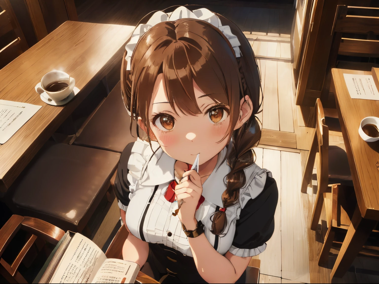 fluffy hair,Brown hair,(pigtails),((Braided shorthair)),Slightly red tide,((Brown eyes)),(A coffee shop with a Showa retro atmosphere),((siphon or coffee cup)),(A counter with a warm and modern atmosphere),((Meiji period～Showa era waitress)),(maid clothes),(White headdress),((Sit in a chair and read a book)),Staring at me,(Pin Heel Shoes),((Perspective from above)),i&#39;i&#39;I&#39;m looking at you with a strange look,(poke one&#39;Hold your head with one hand),((close up)),((close up of face))