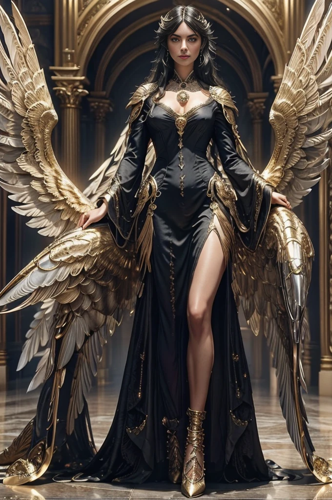 a woman ((18 years old)) with long black hair, blue eyes, smiling, statuesque and sexy body, ((full body)), , Victorian era style, wearing a light flowing dress, in the background crystal and gold castle with giant colorful birds, Daeni Pin Style, [Daniel F. Gerhartz Style::0.5], UHD image, Rent, 8k, photo-realistic, Epic lighting, Sharp, Realistic, Romantic, focus