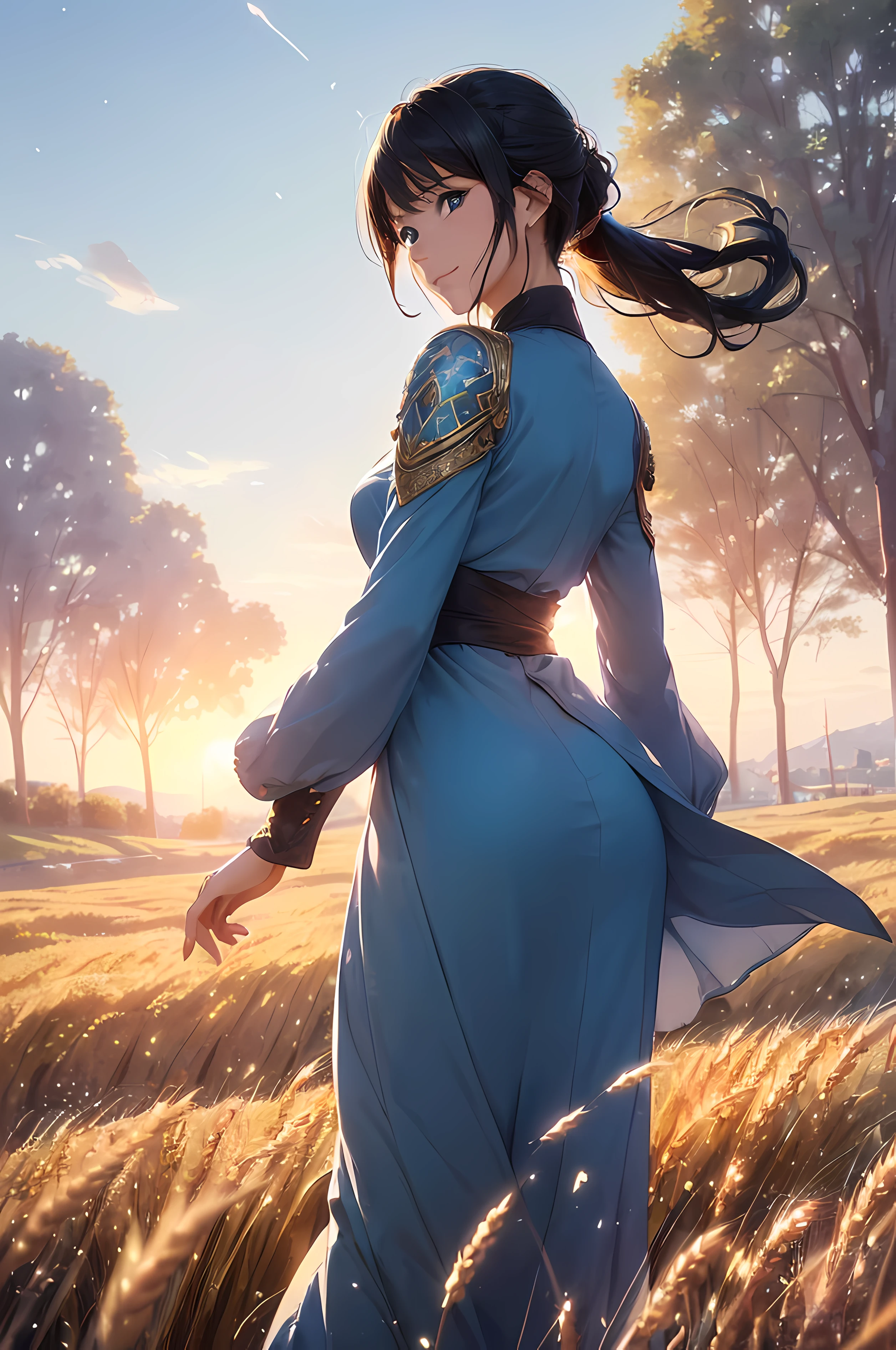 A beautiful woman, (((1 girl, solo, running, (wheat field), turning around, blue eyes, long blue dress, middle ages, medieval outfit, long sleeves sunset, light from behind, shadow on the figure, smile, laughter, (blue sky), against the background of wheat, standing in the distance, looking at the viewer, full-length
, elegance under the sun, movement motion, image look alive))), ((perfect body figure, beautiful face, beautiful face, milf, age 46, royal, blazing black color hair, ponytail hair style, beautiful skin, Extremely details hair, fine details)), (((cinematic lighting, beautiful lighting effect, creative design, full body frame, divine aura, hard harmony , shining light, perfect color transition, perfect balance of contrast, perfect color layer, perfectly smooth color blur, soft rendering, smooth color stroke, moon glare, optic lens, moonlight ray, soft colors, smooth colors blend, perfect color rendering, harmony, perfect color harmony, beautiful color, soft harmony, light particles, perfect details, intricate details, color prism, fine details, refine details, intricate armor details, fine armor, smooth clothes texture))), Tachibana Omina art style, affectionate eyes, half a smile, slightly open mouth, a gentle expression on his face, serene scenery of grassland under the sun, calm, breeze and sunlight in the background, butterflies in the sky, realism, ((Best quality))),8k,((Masterpiece)),(Extremely refined and beautiful)