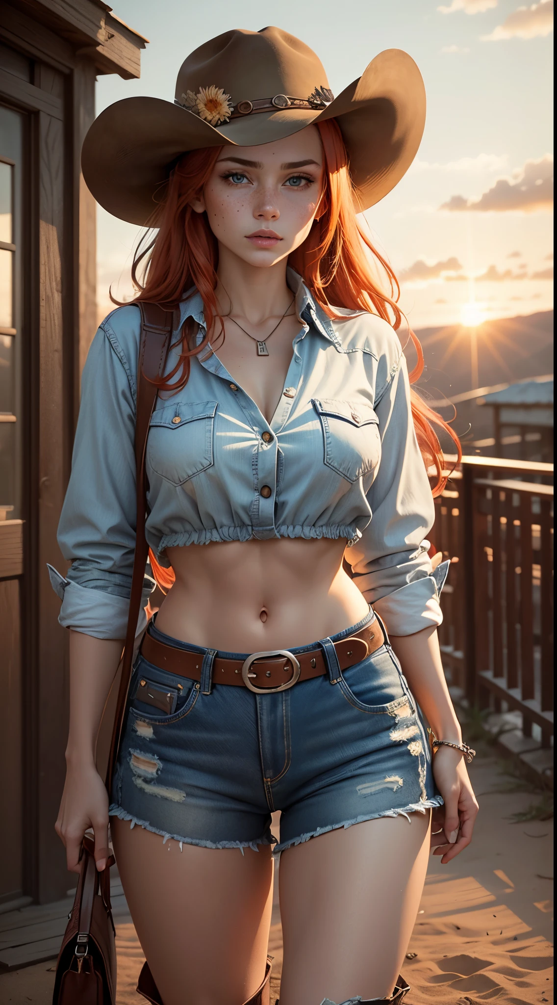 Generate an image featuring a red-haired woman with freckles and blue eyes in a cowboy aesthetic, utilizing a cowboy shot perspective. Detail her outfit with a checkered shirt tied to expose a portion of her midriff, complemented by denim jeans, a belt, and classic cowboy boots. Place her within a Western landscape, bathed in the warm tones of a cinematic sunset. Implement visual effects such as chiaroscuro, depth of field, and cinematic lighting to enhance the overall composition from the cowboy shot angle. Ensure the portrayal captures a blend of modern allure and Wild West charisma. Utilize a variety of SeaArt keywords for each category to enrich the representation, combining a technical approach with an aesthetically captivating scene.