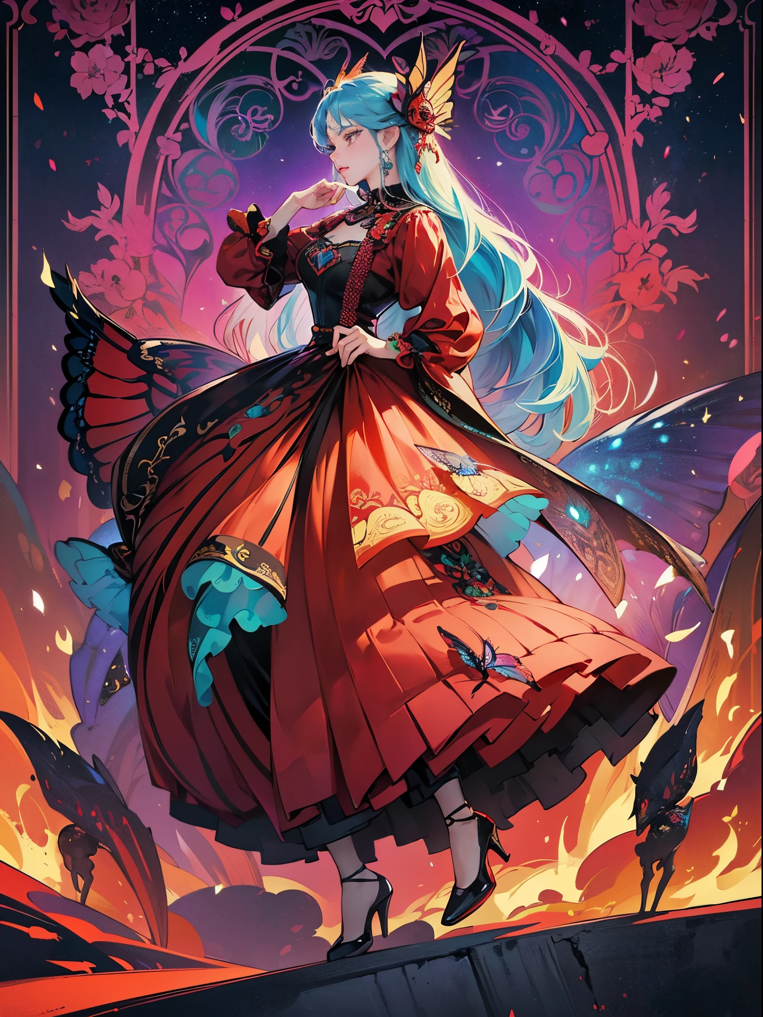Butterfly motif、scarlet and black tones、Vibrant colors、((masterpiece)))、(((top-quality)))、((ultra-detailliert))、(A hyper-realistic)、(highly detailed CGillustration)、Official art、Paris at the beginning of the 20th century、Decadent、Madame Papillon、Cool Beauty、Masquerade、refinement、Elegance、Gorgeous、Masks that cover most of the face、Colorful and detailed mask design、matchless beauty、Fans、gorgeous dress、jewely、Female Solo、Perfect Angle、perfect-composition、full body Esbian