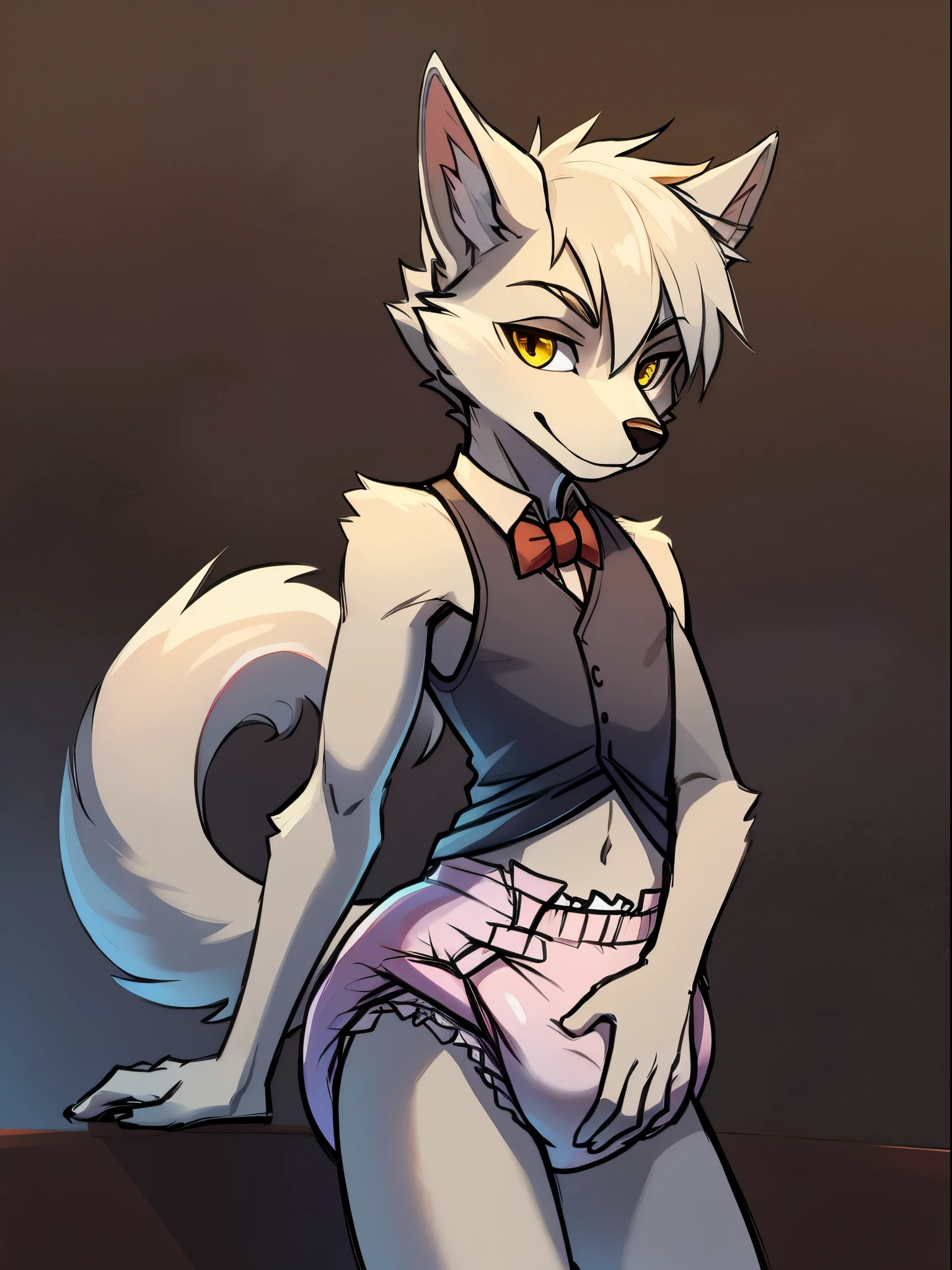 Male, arctic wolf, detailed yellow eyes, long tail, bartender, slim, sly, simple background, detailed plain diaper, diaper with 4 tapes, hand on crotch