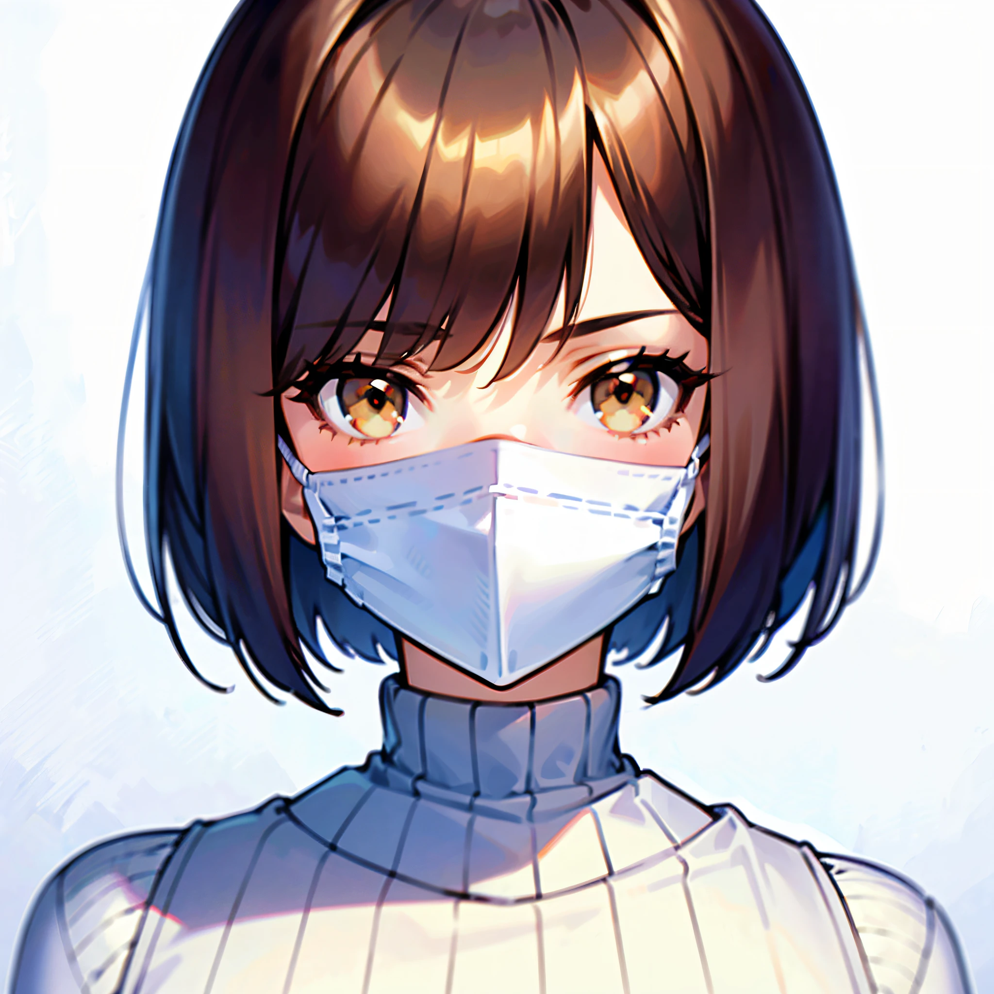 1girl, short brown hair, bob cut, brown eyes, medium breast, white face mask, white ribbed sweater, bored expression, solo, best quality, masterpiece, portrait, simple background, looking at the camera, from the front, detailed, perfect anatomy, detailed art, high definition, 4k, high resolution