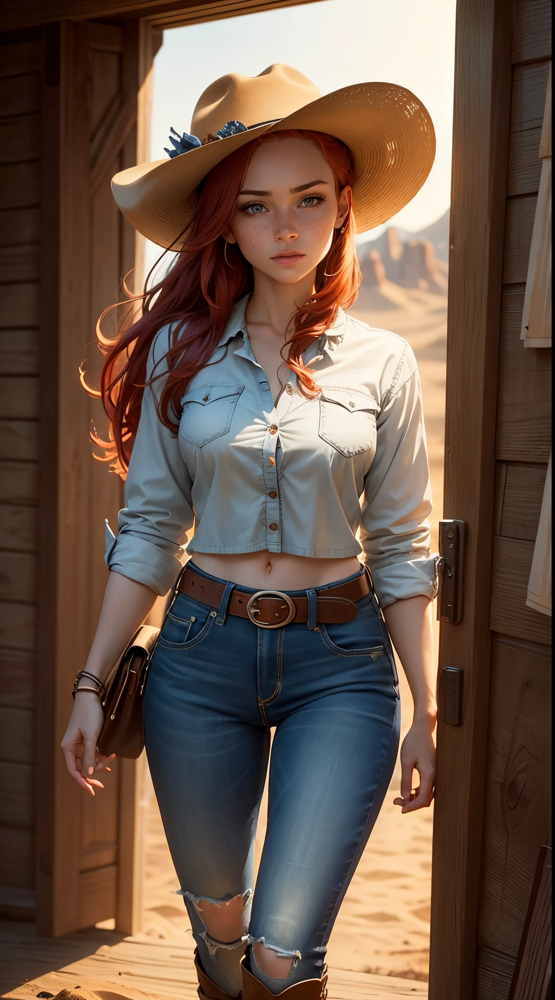 Generate an image featuring a red-haired woman with freckles and blue eyes in a cowboy aesthetic, utilizing a cowboy shot perspective. Detail her outfit with a checkered shirt tied to expose a portion of her midriff, complemented by denim jeans, a belt, and classic cowboy boots. Place her within a Western landscape, bathed in the warm tones of a cinematic sunset. Implement visual effects such as chiaroscuro, depth of field, and cinematic lighting to enhance the overall composition from the cowboy shot angle. Ensure the portrayal captures a blend of modern allure and Wild West charisma. Utilize a variety of SeaArt keywords for each category to enrich the representation, combining a technical approach with an aesthetically captivating scene.