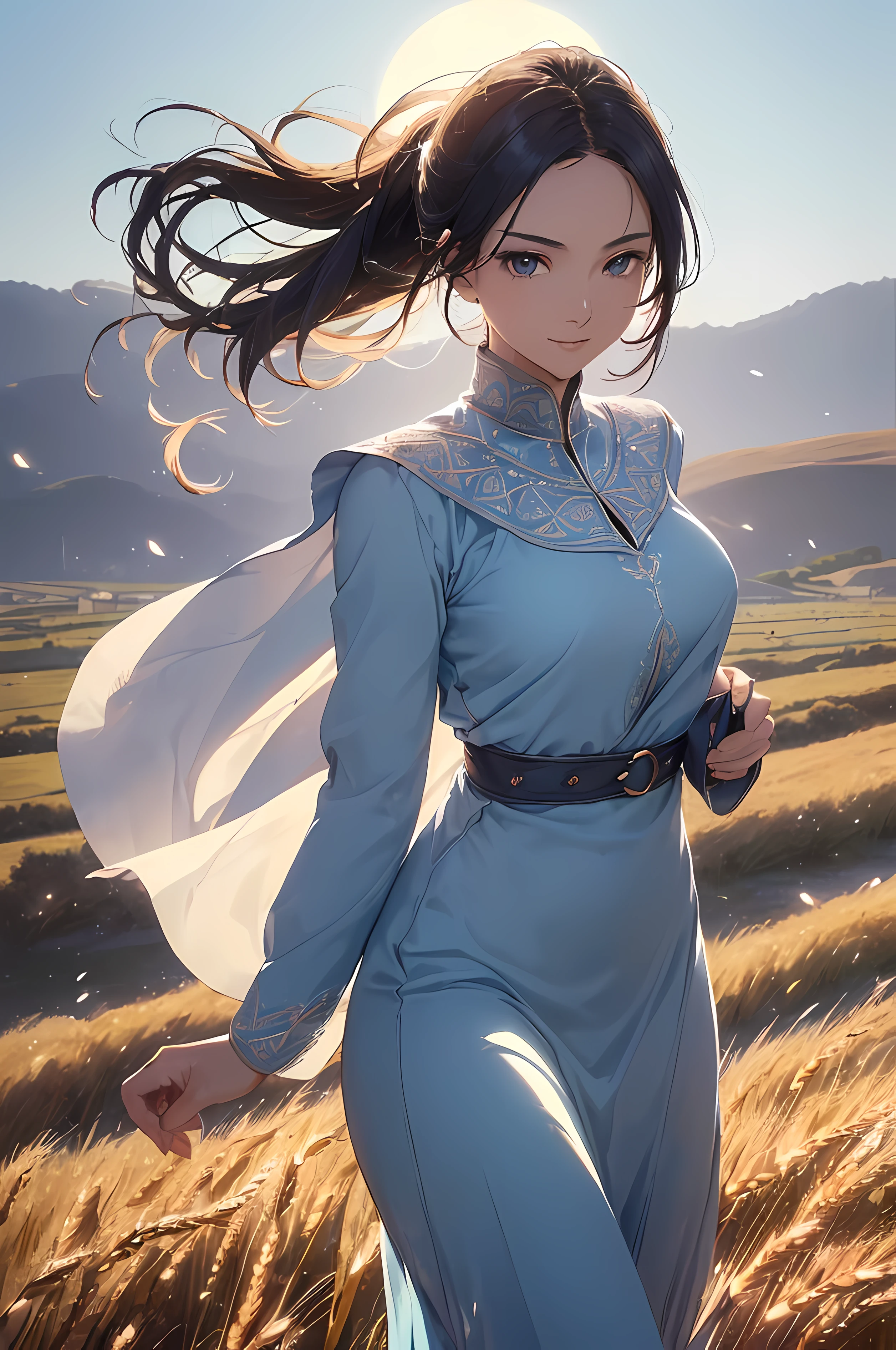 A beautiful woman, (((1 girl, solo, running, (wheat field), turning around, blue eyes, long blue dress, middle ages, medieval outfit, long sleeves sunset, light from behind, shadow on the figure, smile, laughter, (blue sky), against the background of wheat, standing in the distance, looking at the viewer, full-length
, elegance under the sun, movement motion, image look alive))), ((perfect body figure, beautiful face, beautiful face, milf, age 46, royal, blazing black color hair, ponytail hair style, beautiful skin, Extremely details hair, fine details)), (((cinematic lighting, beautiful lighting effect, creative design, full body frame, divine aura, hard harmony , shining light, perfect color transition, perfect balance of contrast, perfect color layer, perfectly smooth color blur, soft rendering, smooth color stroke, moon glare, optic lens, moonlight ray, soft colors, smooth colors blend, perfect color rendering, harmony, perfect color harmony, beautiful color, soft harmony, light particles, perfect details, intricate details, color prism, fine details, refine details, intricate armor details, fine armor, smooth clothes texture))), Tachibana Omina art style, affectionate eyes, half a smile, slightly open mouth, a gentle expression on his face, serene scenery of grassland under the sun, grass floating around, calm, breeze and sunlight in the background, butterflies in the sky, realism, ((Best quality))),8k,((Masterpiece)),(Extremely refined and beautiful)