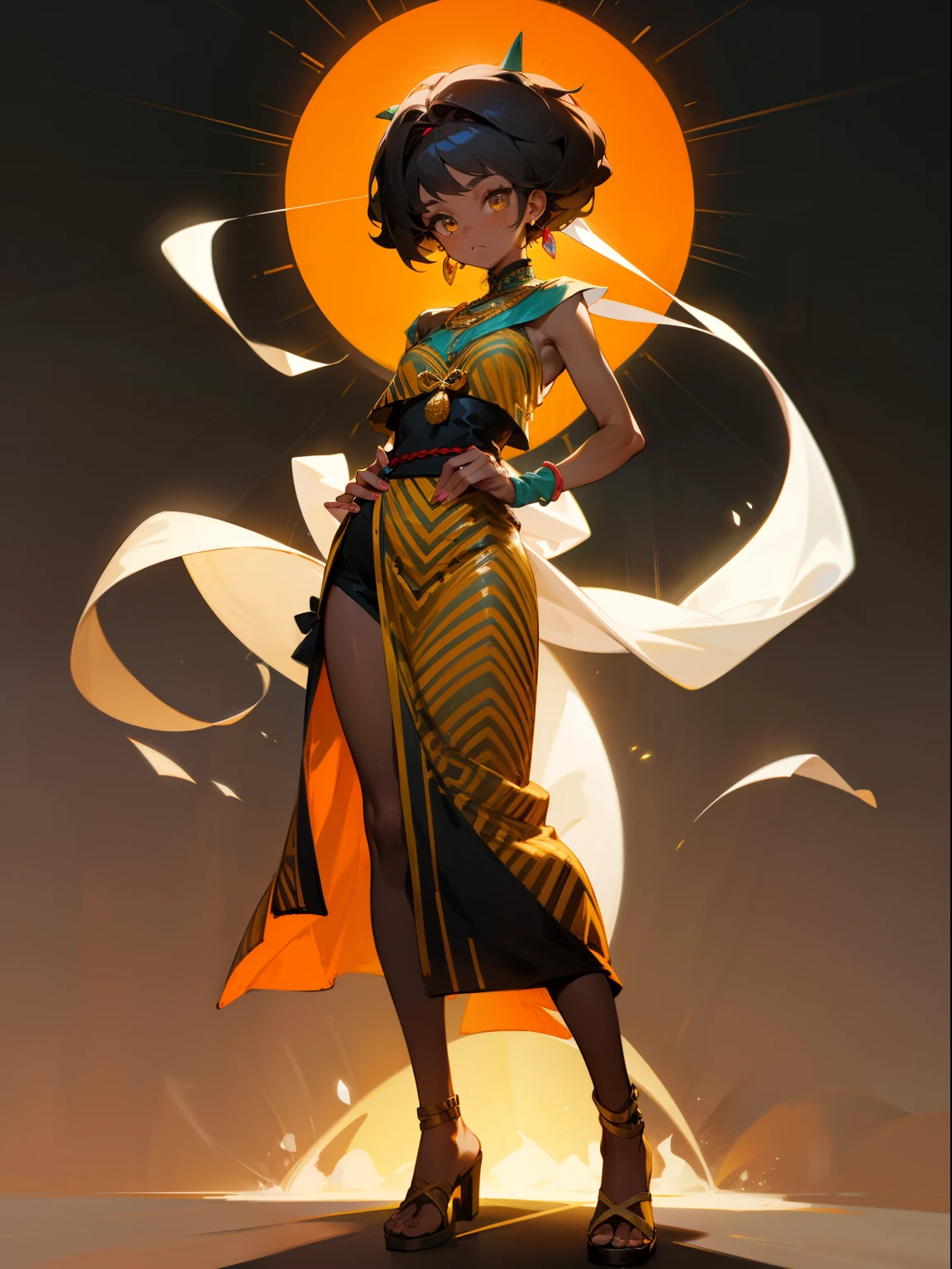 1girl, full - body, Young,short height, Dlrivery girl African, dark face dark african hair ,national African clothing colorpop dynamic pose