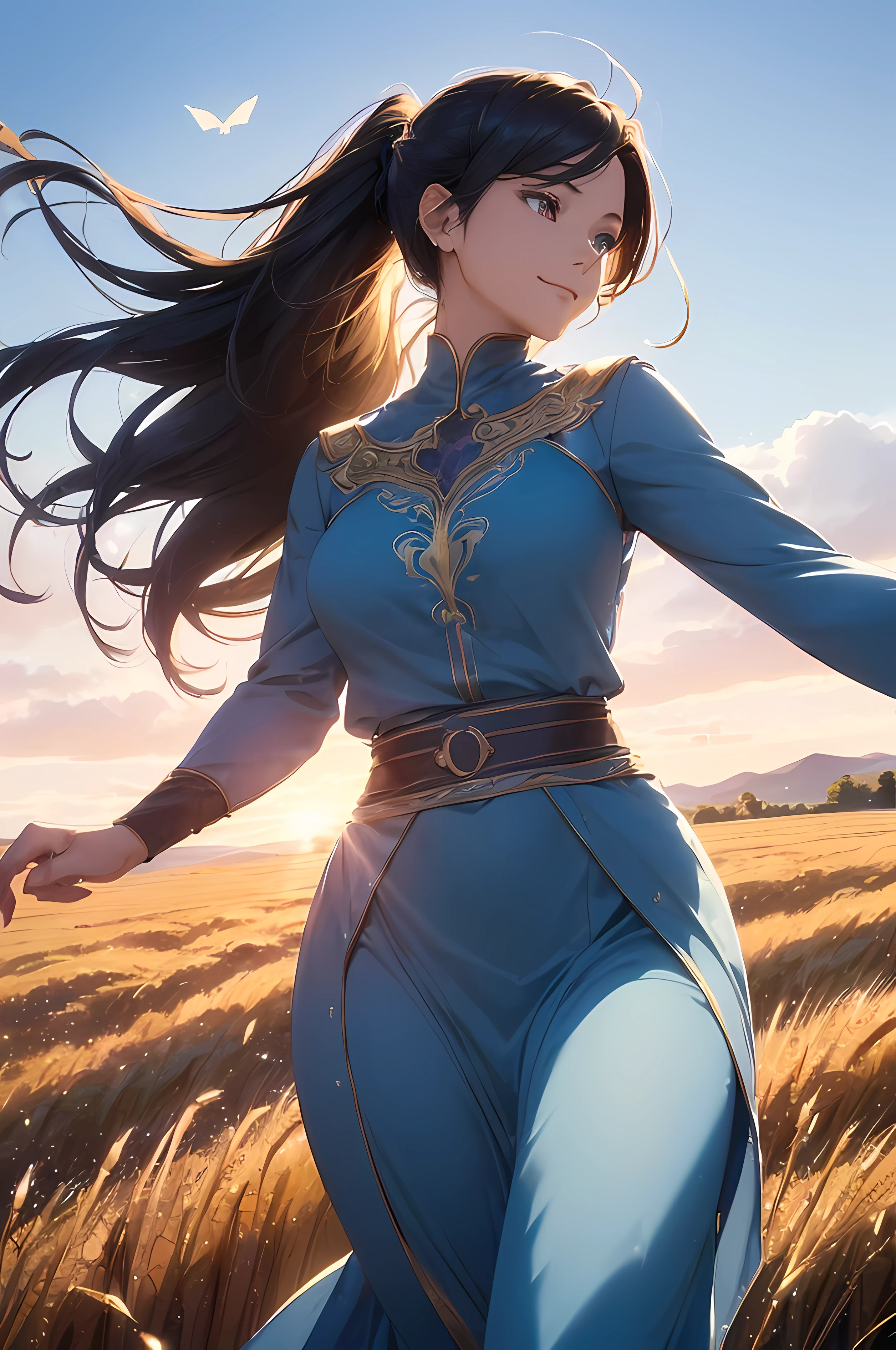 A beautiful woman, (((1 girl, solo, running, (wheat field), turning around, blue eyes, long blue dress, middle ages, medieval outfit, long sleeves sunset, light from behind, shadow on the figure, smile, laughter, (blue sky), against the background of wheat, standing in the distance, looking at the viewer, full-length
, elegance under the sun, movement motion, image look alive))), ((perfect body figure, beautiful face, beautiful face, milf, age 46, royal, blazing black color hair, ponytail hair style, beautiful skin, Extremely details hair, fine details)), (((cinematic lighting, beautiful lighting effect, creative design, full body frame, divine aura, hard harmony , shining light, perfect color transition, perfect balance of contrast, perfect color layer, perfectly smooth color blur, soft rendering, smooth color stroke, moon glare, optic lens, moonlight ray, soft colors, smooth colors blend, perfect color rendering, harmony, perfect color harmony, beautiful color, soft harmony, light particles, perfect details, intricate details, color prism, fine details, refine details, intricate armor details, fine armor, smooth clothes texture))), Tachibana Omina art style, affectionate eyes, half a smile, slightly open mouth, a gentle expression on his face, serene scenery of grassland under the sun, grass floating around, calm, breeze and sunlight in the background, butterflies in the sky, realism, ((Best quality))),8k,((Masterpiece)),(Extremely refined and beautiful)