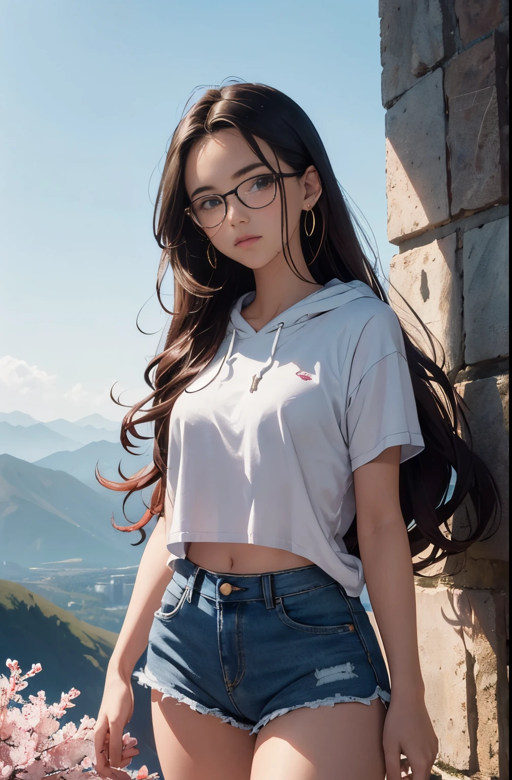 Beautiful young Margaret Qualley, , latina skin tone, eyeglasses, large drop earrings, hooded croptopshirt, short jean shorts, cloth sneakers, midday sun, hyperrealistic, Model Body, medium breasts , beautiful breasts, long hair, Wavy hair, Red ends of hair, long legs, 8k, 超High resolution, best quality, On Frozen Mountain, RAW portrait, photorealistic, cherry blossom, ambient lighting, detailed shadows , camera focus on the thighs, cute pose, strong wind, light haze