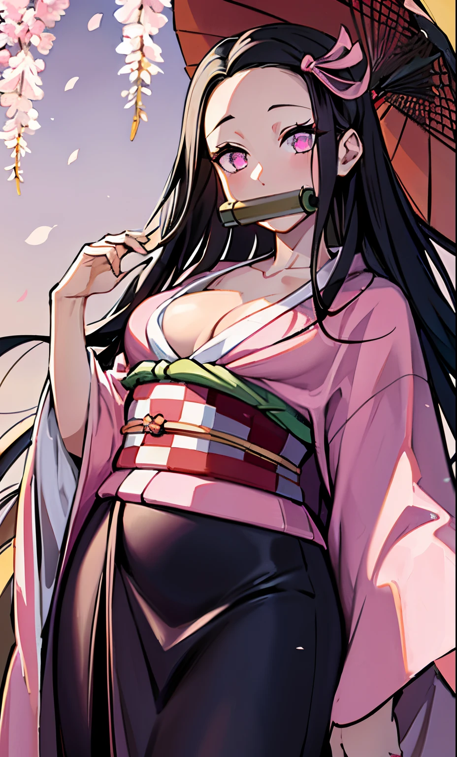 Nezukokamado, nezuko kamado, bamboo, (bit gag:1.5), Black Hair, (amount:1.5), gag, gagged, Hair Ribbon, Long Hair, Multicolored Hair, (Pink Eyes:1.5), Orange Hair, elongated pupils, Wavy Hair, Two-tone hair, break asa no ha (pattern), checkered sash, Haori, kimono, kimono, Long sleeve, heart, pink kimono, sash, wariza, Wide sleeves, break looking at viewer, break indoors, break (masterpiece:1.2), highest quality, High resolution, unity 8k wallpaper, (figure:0.8), (Beautiful fine details:1.6), Highly detailed face, Perfect lighting, Highly detailed CG, (Perfect hands, Perfect Anatomy),