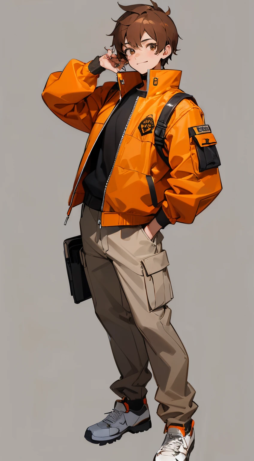 Jovem adolescente do sexo masculino, orange and black college jacket, brown cargo pants, white sneakers, brown hair, olhos castanhos, Sorriso confiante, estilo anime, 4k, fundo branco completo, corpo inteiro, Standing, Artwork
