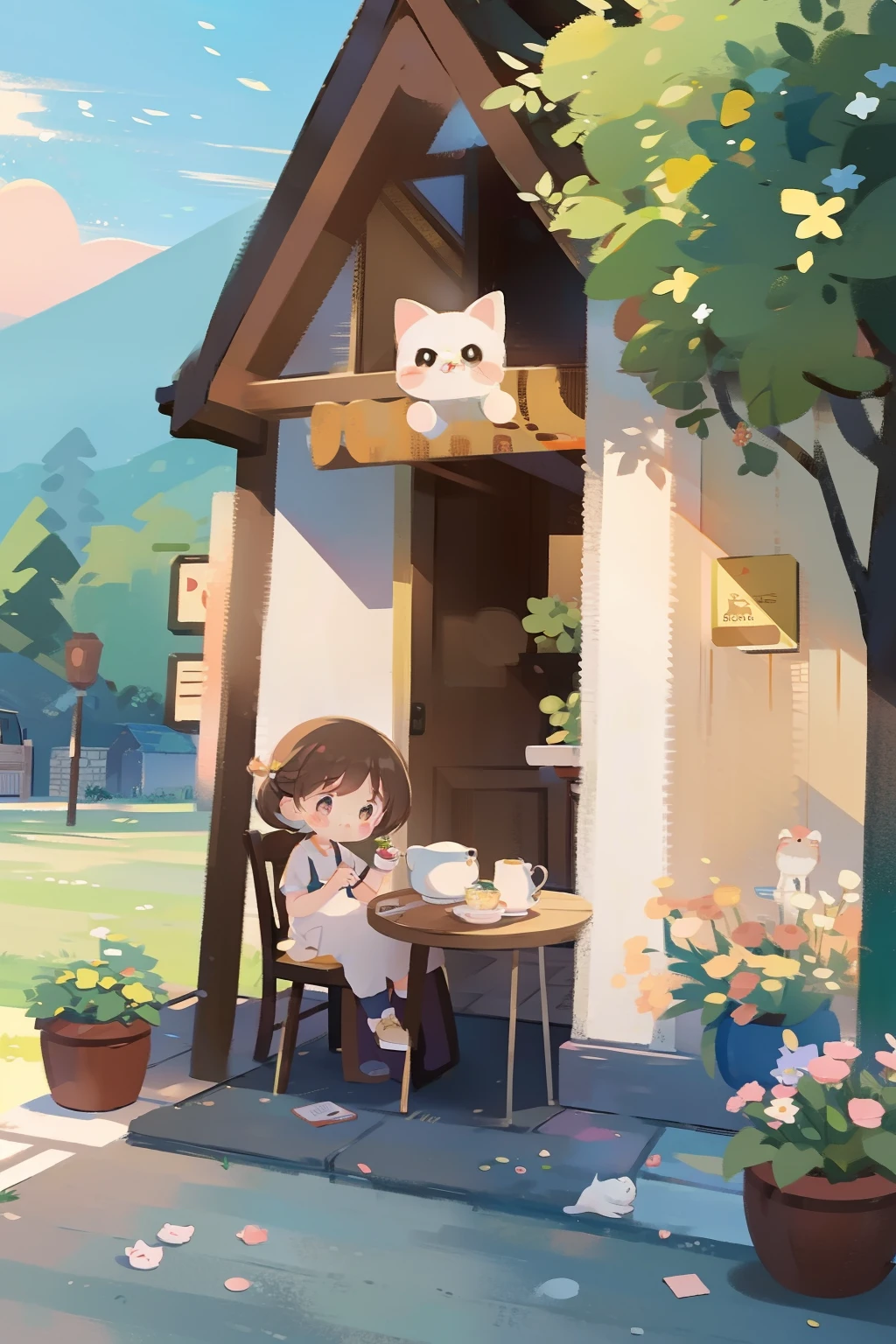 A cute cat with round eyes, Outside the cafe, tea table, flower pots, streetview.