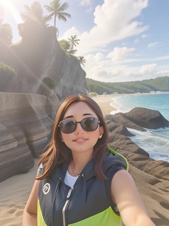 there is a woman taking a selfie on the beach, 30 years old woman, 3 0 years old woman, taken on go pro hero8, on the ocean water, vacation photo, selfie photo, at the beach, sunny day time, sunny day at beach, cindy avelino, 2 7 years old, standing near the beach, ocean in the background