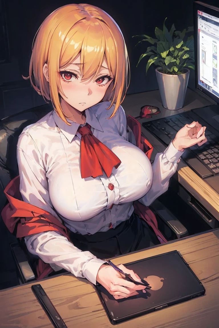 ((masutepiece,Highest shadow, nice lining : 1.2)), Original Character, mature woman with a beautiful face, medium breasts⁩, Soft smile, Wear office clothes (highest details), sitting in front of computer, Detailed background in mobile phone