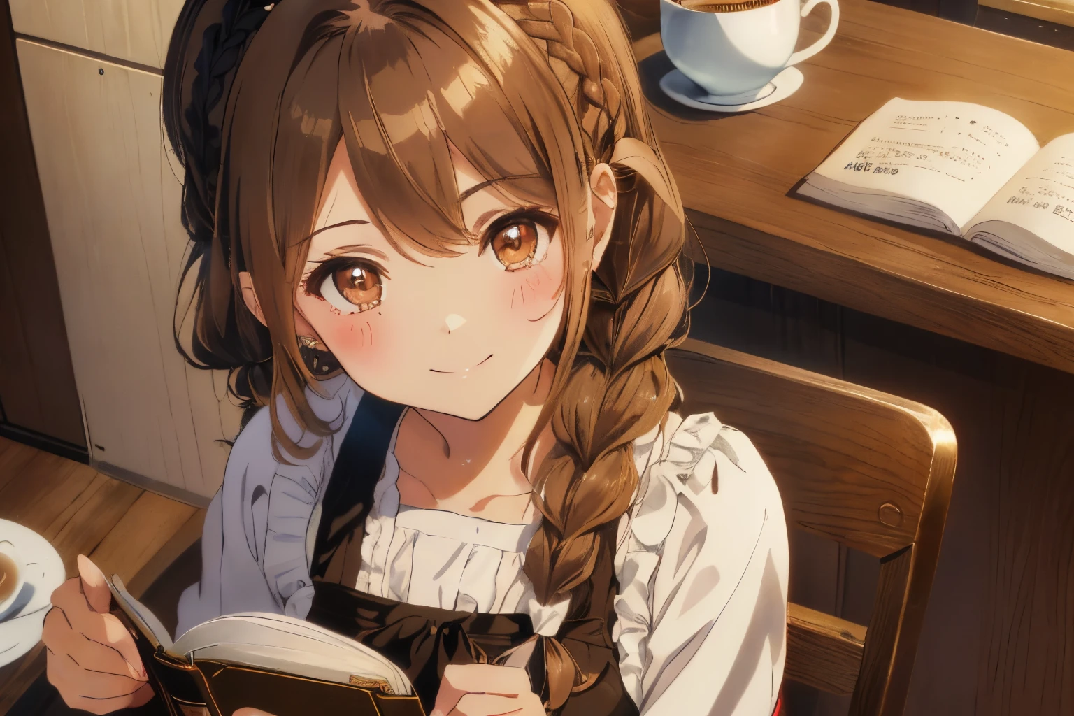 fluffy hair,Brown hair,(downside twin tails),((Braided shorthair)),Slightly red tide,((Brown eyes)),(A coffee shop with a Showa retro atmosphere),((siphon or coffee cup)),(A counter with a warm and modern atmosphere),((Meiji period～Showa era waitress)),(maid clothes),(White headdress),((Sit in a chair and read a book)),Staring at me,(Pin Heel Shoes),Smile with a kind face,((close up)),(((close up of face))),