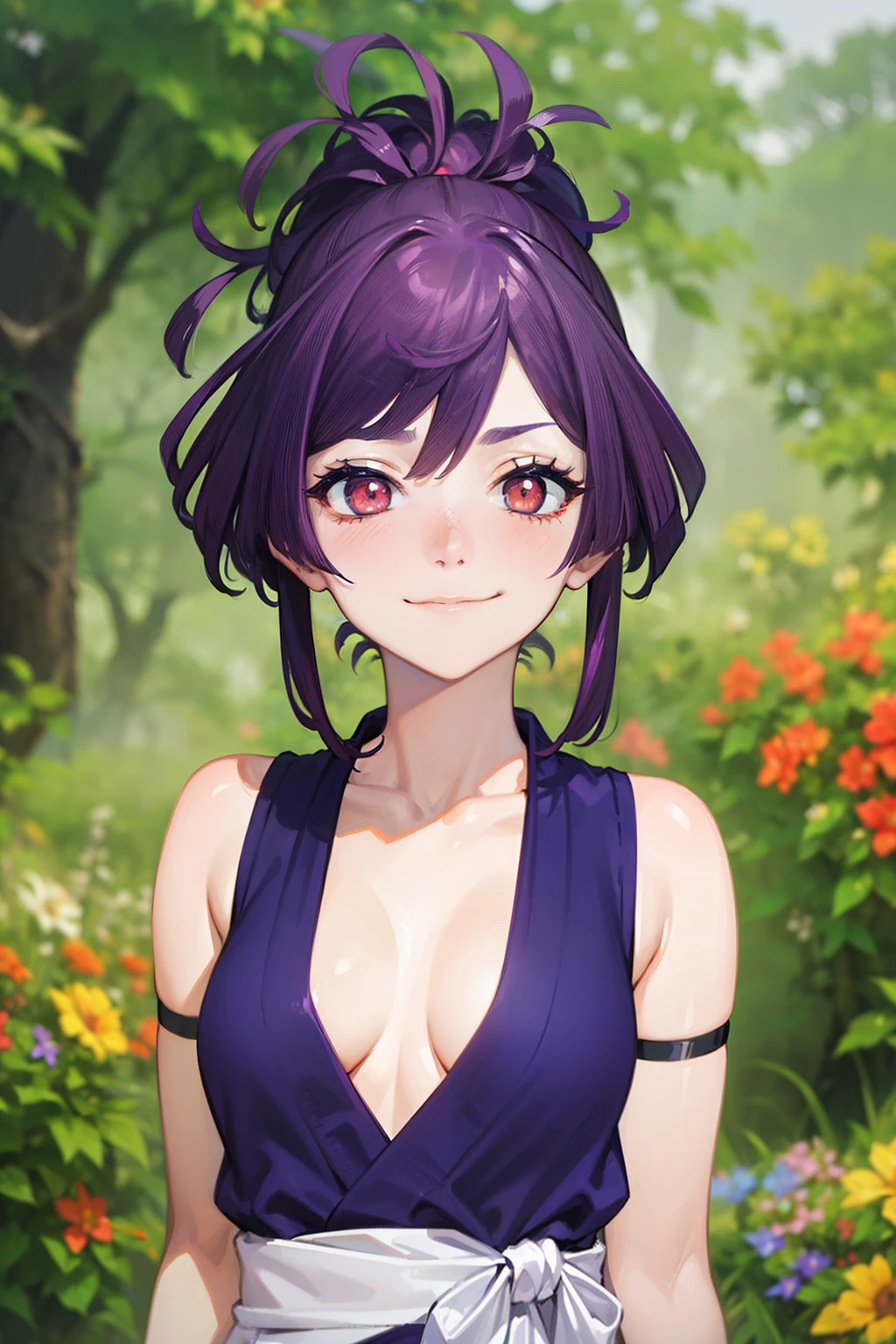 (best quality:1.1), (masterpiece:1.2), portrait, 1girl, yuzuriha_(jigokuraku), purple hair, brown eyes, ninja, open clothes, cleavage, small breasts, topknot, medium hair, breasts apart, white obi, smirk, outdoors, (blush:1.1), flowers (NSFW 1.5)