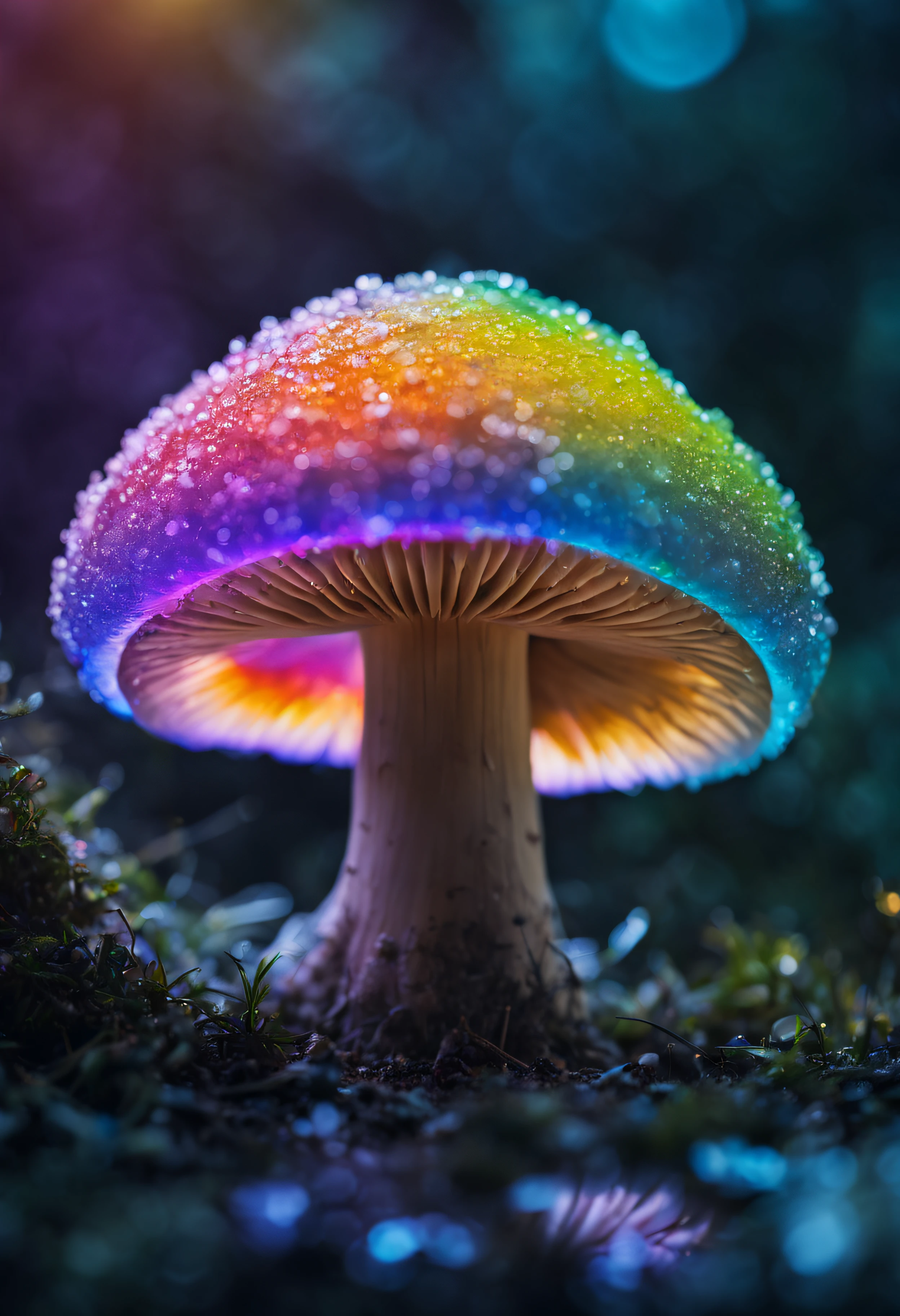 The main one mushroom is made from ice crystals、covered with ice crystals、(((Mushroom legs are made of transparent ice crystals、The inside of the mushroom appears to be filled with rainbow-colored smoke.)))、Mesmerizing surreal movie stills of Alice in Wonderland,、 magical dreamland bokeh background, A fascinating and eerie fantasy world, Illuminates dark shooting scenes with fantastic light。, Otherworldly elements of a familiar story, ether wonderland, mystic atmosphere, Dark magic and dark fantasy realism aesthetics, translucent bioluminescent material、Otherworldly luminescence、((Born in another world、A strangely shaped poisonous mushroom that emits bewitching smoke..,)) Ultra-realistic, (Voronoi pattern, depth of fields, (swirly bokeh:1.275), (Kodak Portra 400:0.875) :1.15), (Realistic and complex futuristic background,), (Turbulent Toxic Vapor:1.2, Magnificent surrealism, iridescent lighting, low key light:1.1), Notable masterpieces, celestial, Ethereal, epicd, Magical Light Flare, Natural, soft dreamy lighting, ((Warm Yellow and Deep Carbon:0.7), (Cinematic Look:1.15):1.15)、The inside of the mushroom appears to be filled with rainbow-colored smoke.
