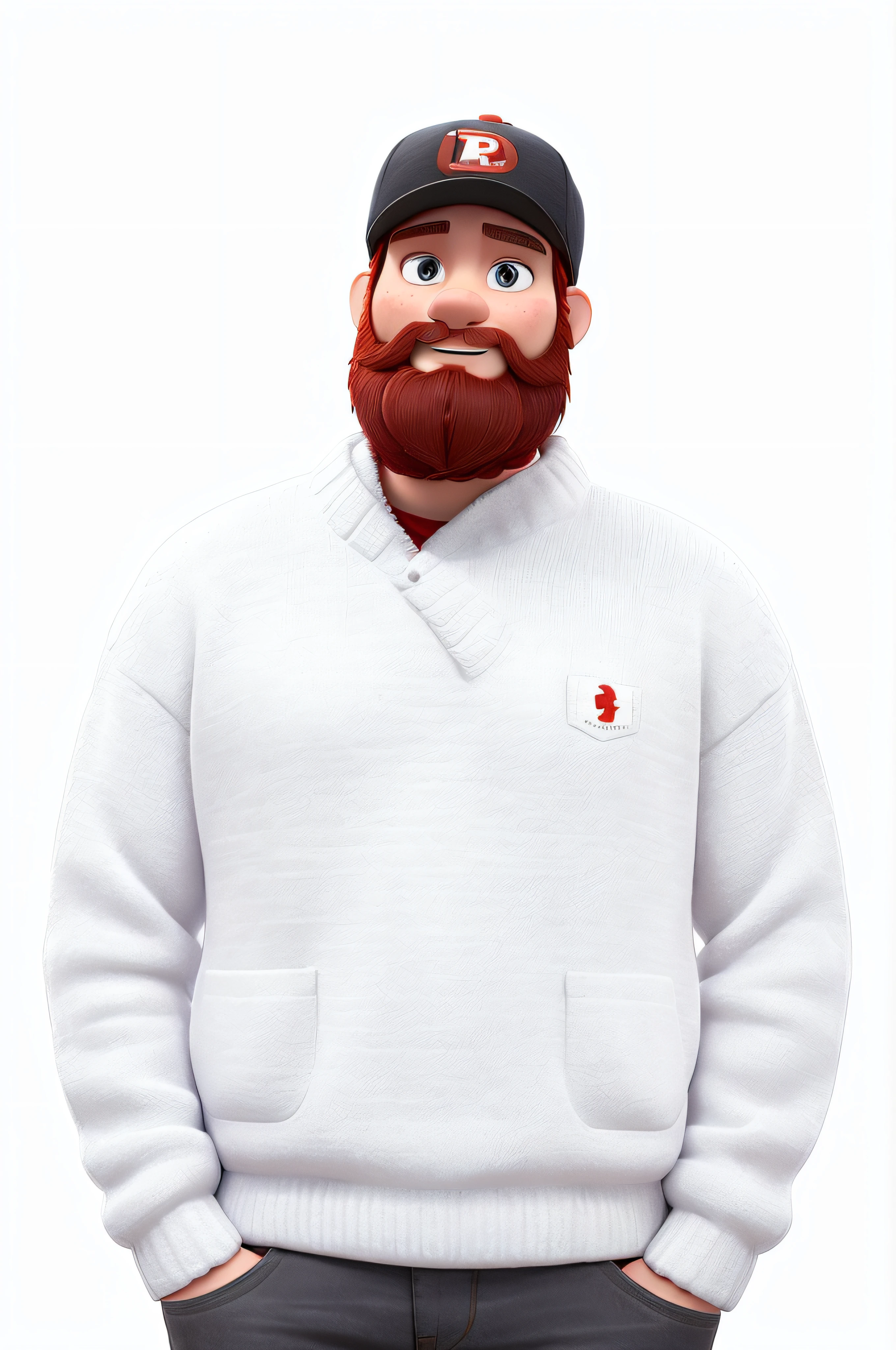 Make Pixar, white sweater, red beard, black had