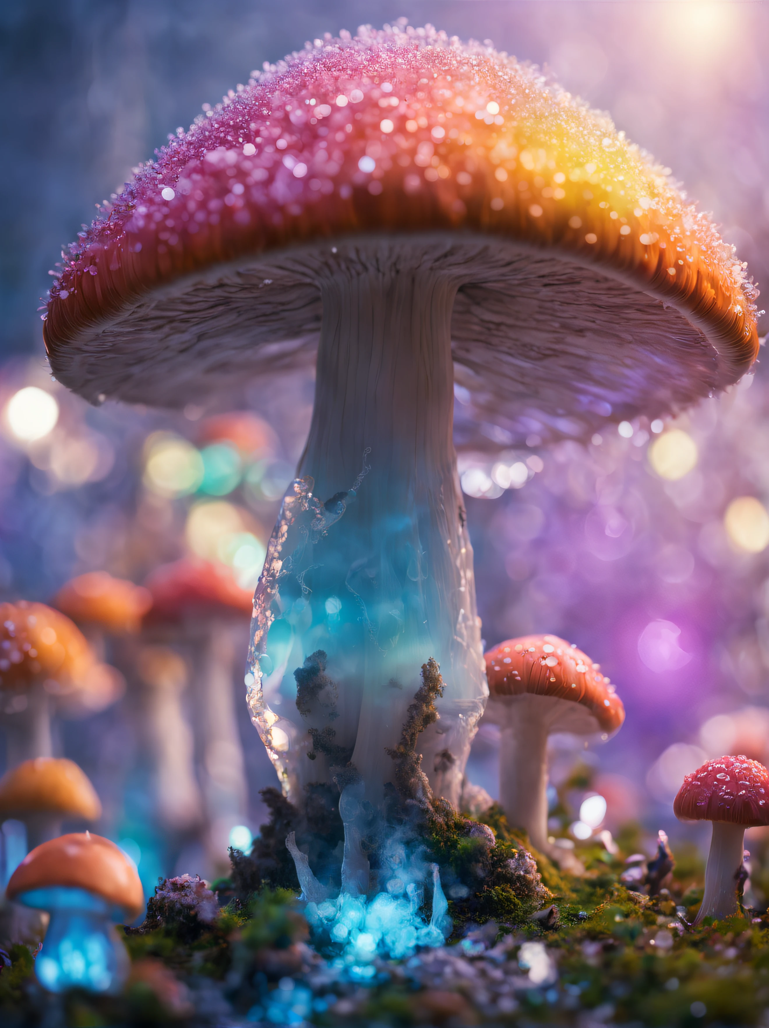 The main one mushroom is made from ice crystals、covered with ice crystals、Mushroom legs are so delicate and thin that they look like they might break.、(((Mushroom legs are made of transparent ice crystals:1.2、The inside of the mushroom appears to be filled with rainbow-colored smoke.)))、Mesmerizing surreal movie stills of Alice in Wonderland,、 magical dreamland bokeh background, A fascinating and eerie fantasy world, Illuminates dark shooting scenes with fantastic light。, Otherworldly elements of a familiar story, ether wonderland, mystic atmosphere, Dark magic and dark fantasy realism aesthetics, translucent bioluminescent material、Otherworldly luminescence、((Born in another world、A strangely shaped poisonous mushroom that emits bewitching smoke..,)) Ultra-realistic, (Voronoi pattern, depth of fields, (swirly bokeh:1.275), (Kodak Portra 400:0.875) :1.15), (Realistic and complex futuristic background,), (Turbulent Toxic Vapor:1.2, Magnificent surrealism, iridescent lighting, low key light:1.1), Notable masterpieces, celestial, Ethereal, epicd, Magical Light Flare, Natural, soft dreamy lighting, ((Warm Yellow and Deep Carbon:0.7), (Cinematic Look:1.15):1.15)、The inside of the mushroom appears to be filled with rainbow-colored smoke.