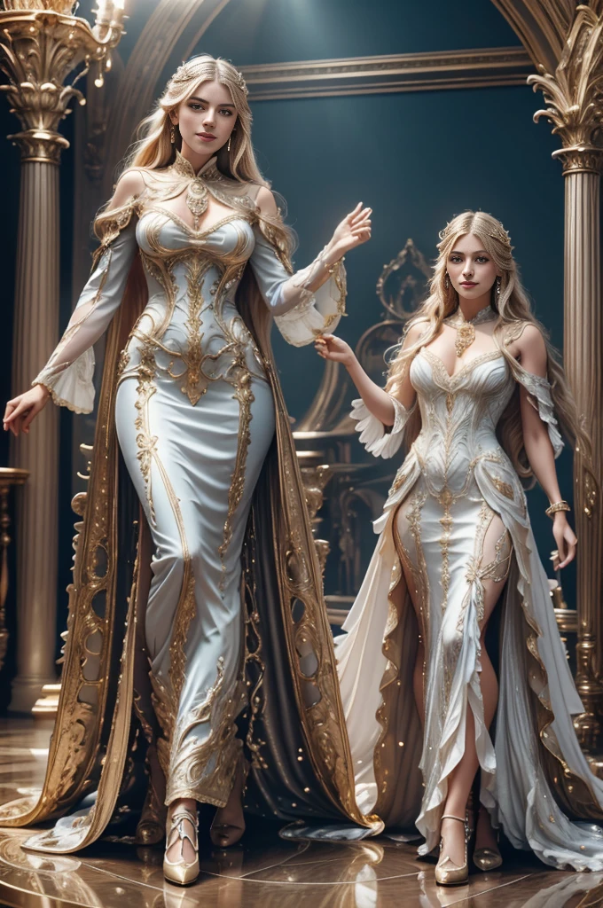 best quality, highly detailed, ultra-detailed, illustration, masterpiece,extremely detailed eyes and face, incredibly_absurd resolution, (blonde hair) , 1girl, wearing a meticulously crafted and luxurious gown showcasing intricate details, exquisite tailoring, and opulent fabrics, slim waist, light smile, whole body, facing towards the viewers, dynamic pose