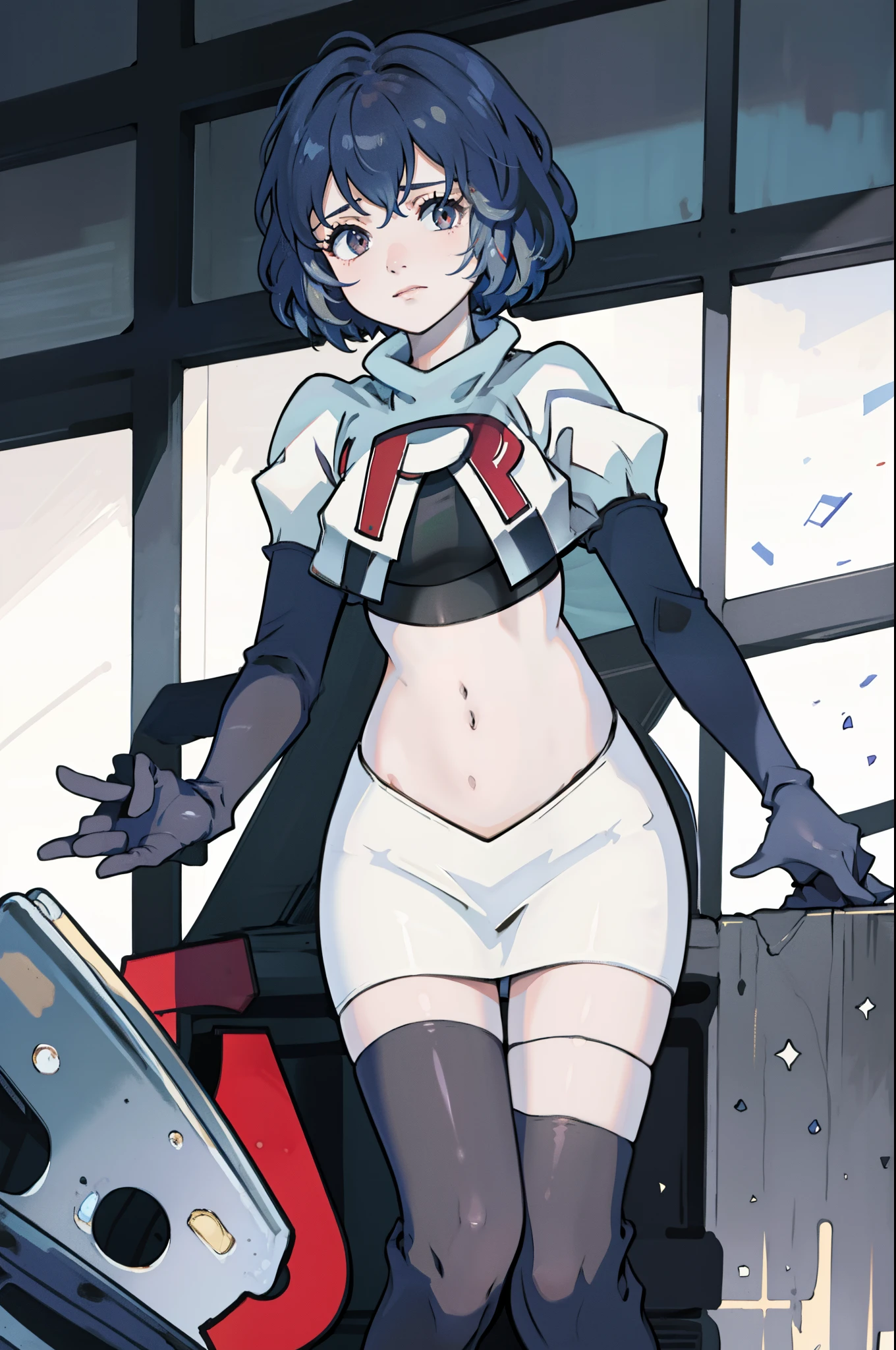 masterpiece, best quality, defBernie,team rocket,team rocket uniform, red letter R, white skirt,white crop top,black thigh-highs,black elbow gloves