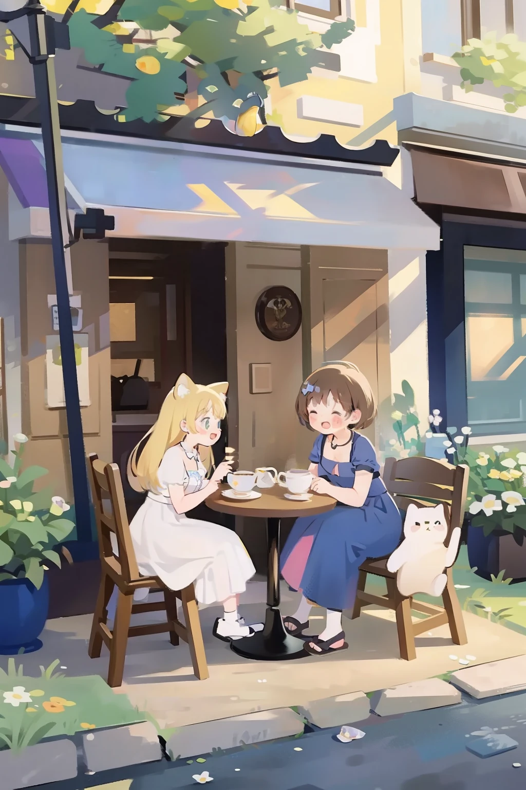 Scottish folding cat, closeup cleavage, Outside the cafe, tea table, flower pots, streetview.
