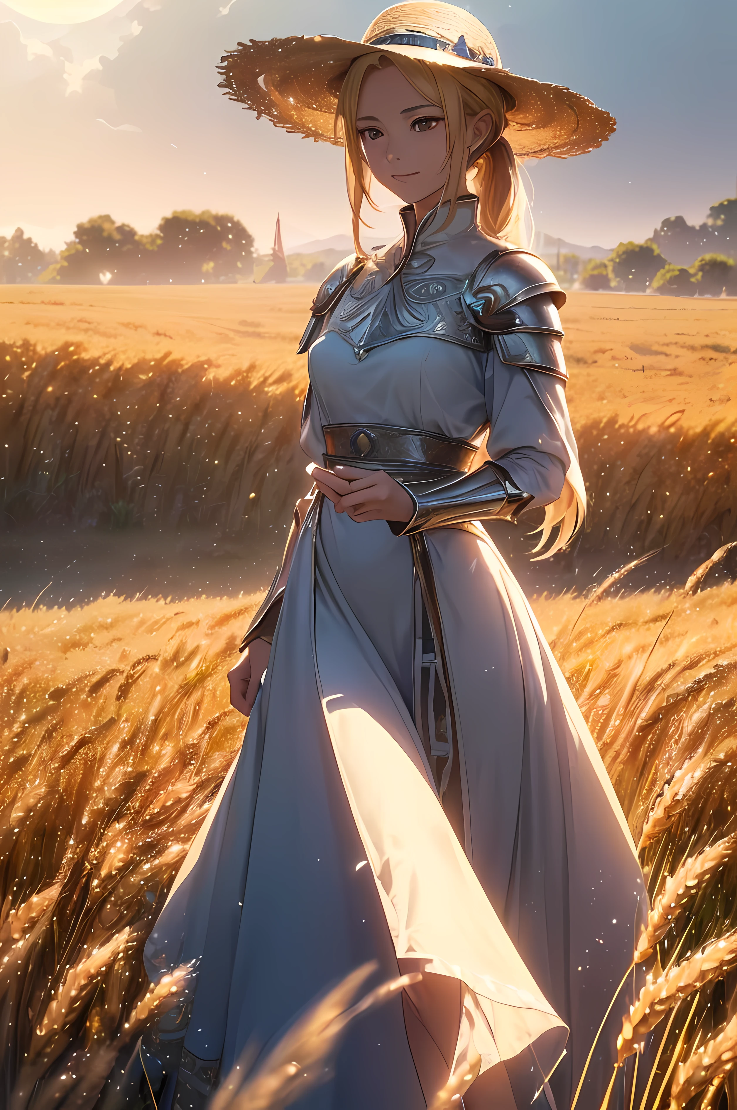 A beautiful woman, (((1 girl, solo, running, (wheat field), turning around, golden eyes, long withe dress, middle ages, medieval outfit, long sleeves sunset, light from behind, shadow on the figure, smile, laughter, (blue sky), against the background of wheat, standing in the distance, looking at the viewer, full-length
, elegance under the sun, straw hat, movement motion, image look alive))), ((perfect body figure, beautiful face, beautiful face, milf, age 46, royal, blazing blond color hair, ponytail hair style, beautiful skin, Extremely details hair, fine details)), (((cinematic lighting, beautiful lighting effect, creative design, full body frame, divine aura, hard harmony , shining light, perfect color transition, perfect balance of contrast, perfect color layer, perfectly smooth color blur, soft rendering, smooth color stroke, moon glare, optic lens, moonlight ray, soft colors, smooth colors blend, perfect color rendering, harmony, perfect color harmony, beautiful color, soft harmony, light particles, perfect details, intricate details, color prism, fine details, refine details, intricate armor details, fine armor, smooth clothes texture))), Tachibana Omina art style, affectionate eyes, half a smile, slightly open mouth, a gentle expression on his face, serene scenery of grassland under the sun, grass floating around, calm, breeze and sunlight in the background, butterflies in the sky, realism, ((Best quality))),8k,((Masterpiece)),(Extremely refined and beautiful)