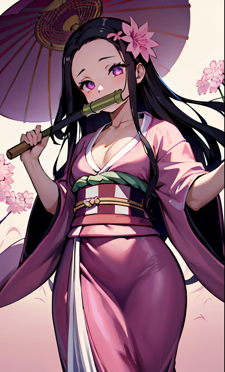 masterpiece, (pink kimono), seductive face, good lighting, décolleté, fine details, masterpiece, glowing eyes, 1girl, black hair, gag, bamboo, Nezuko Kamado, wisteria background, masterpiece, best quality, POV, whole body, wide hips,