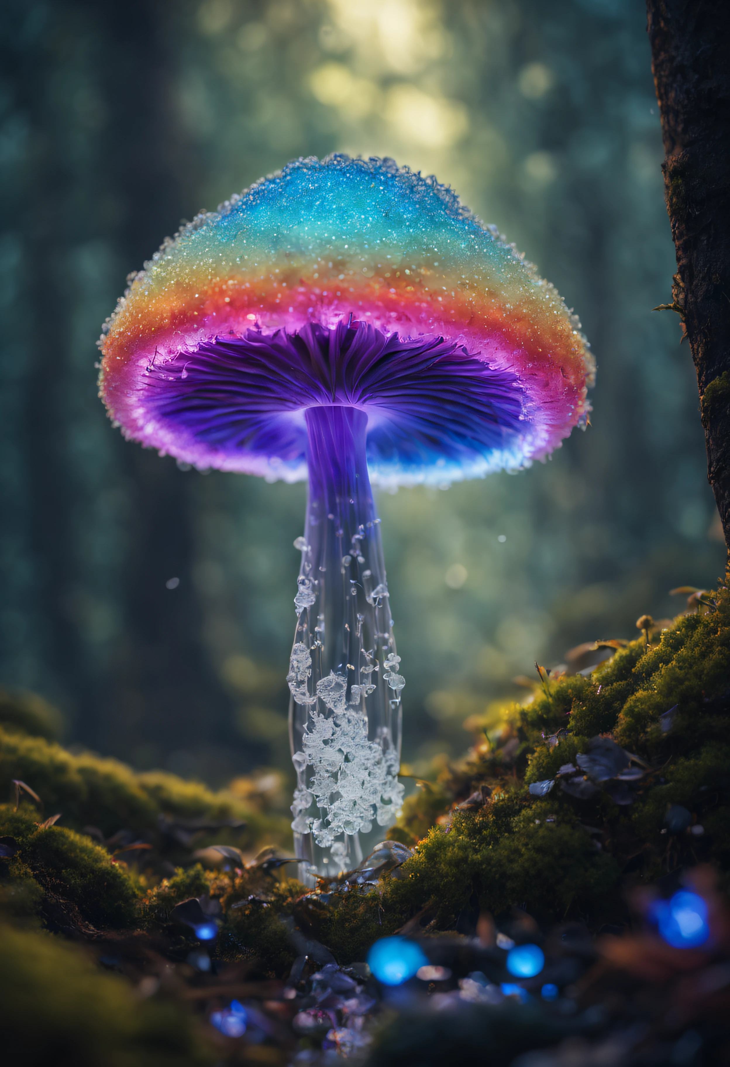 The main one mushroom is made from ice crystals、covered with ice crystals、Mushroom legs are so delicate and thin that they look like they might break.、(((Mushroom legs are made of transparent ice crystals:1.2、The inside of the mushroom appears to be filled with rainbow-colored smoke.)))、Mesmerizing surreal movie stills of Alice in Wonderland,、 magical dreamland bokeh background, A fascinating and eerie fantasy world, Illuminates dark shooting scenes with fantastic light。, Otherworldly elements of a familiar story, ether wonderland, mystic atmosphere, Dark magic and dark fantasy realism aesthetics, translucent bioluminescent material、Otherworldly luminescence、((Born in another world、A strangely shaped poisonous mushroom that emits bewitching smoke..,)) Ultra-realistic, (Voronoi pattern, depth of fields, (swirly bokeh:1.275), (Kodak Portra 400:0.875) :1.15), (Realistic and complex futuristic background,), (Turbulent Toxic Vapor:1.2, Magnificent surrealism, iridescent lighting, low key light:1.1), Notable masterpieces, celestial, Ethereal, epicd, Magical Light Flare, Natural, soft dreamy lighting, ((Warm Yellow and Deep Carbon:0.7), (Cinematic Look:1.15):1.15)、The inside of the mushroom appears to be filled with rainbow-colored smoke.