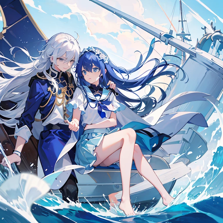 tmasterpiece,The best quality at its best,one girls,独奏,ice,Blue skirt,Princess,Nobles,apathy,There was a slight sadness in his eyes,rich,bare footed,Blue and white gradient hair,Sail on the water, covered with ice