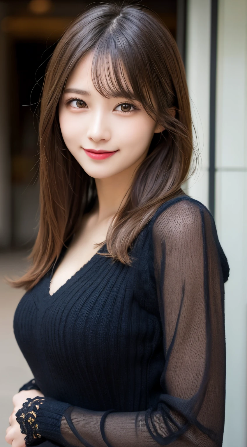 masutepiece, Best Quality, Illustration, Ultra-detailed, finely detail, hight resolution, 8K Wallpaper, Perfect dynamic composition, Beautiful detailed eyes, black long sleeve knit dress,Straight hair,Small breasts natural color lip, Randomly sexy poses,Smile,Harajuku、20 years girl、Cute、Sexy shot looking at camera,Perfect and beautiful face