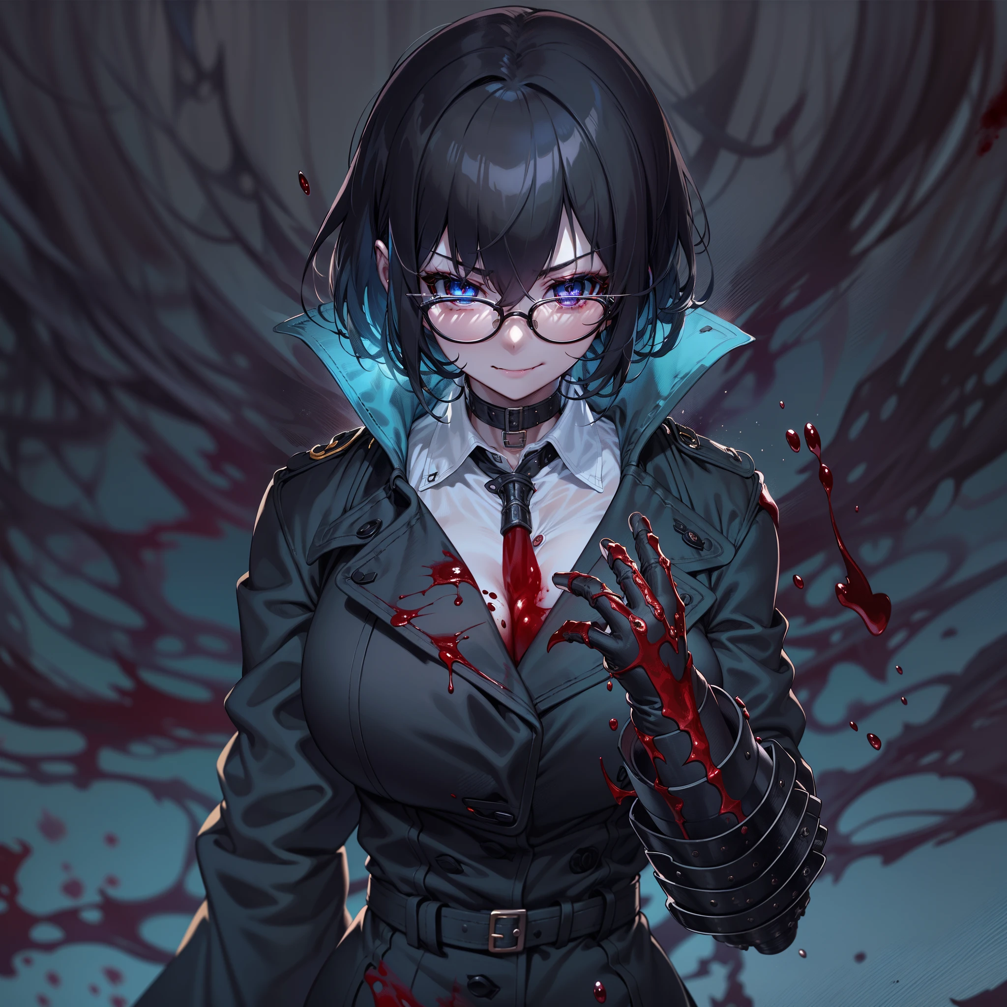 (High resolution, best quality, masterpiece) detail, intricate detail, 1female, ((solo _focused)), single, one woman, physically fit, curvy, pale skin, vampire, fierce expression, dark eyes, (detailed eyes), red_rimmed eyes, sharpened fangs, black hair, short hair, full body, human hands, ((detailed hands)), ((pointed fingers)), medium breast, beautiful, cute, dark aura surrounding her, (topwear:(((shirt:black, trench_coat:black)), handwear:((gauntlets), bottomwear:(pants:blue))))), blood dripping, glasses on the top of her head, dark tinted glasses, grinning, cocky expression, menacing, blood spatter