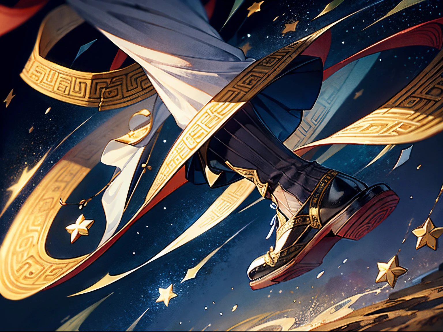 Tiptoe,Jump up, gentleman ,ancient soldier,Cloth shoes close-up, Big Dipper，Seven stars in a row，Chinese Ancient Times,Classical ink painting