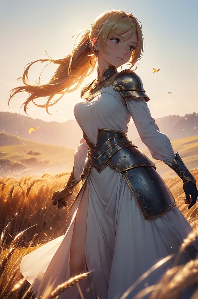 A beautiful woman, (((1 girl, solo, running, (wheat field), turning around, golden eyes, long withe dress, middle ages, medieval outfit, long sleeves sunset, light from behind, shadow on the figure, smile, laughter, (blue sky), against the background of wheat, standing in the distance, looking at the viewer, full-length
, elegance under the sun, hair ornament, movement motion, image look alive))), ((perfect body figure, beautiful face, beautiful face, milf, age 46, royal, blazing blond color hair, ponytail hair style, beautiful skin, Extremely details hair, fine details)), (((cinematic lighting, beautiful lighting effect, creative design, full body frame, divine aura, hard harmony , shining light, perfect color transition, perfect balance of contrast, perfect color layer, perfectly smooth color blur, soft rendering, smooth color stroke, moon glare, optic lens, moonlight ray, soft colors, smooth colors blend, perfect color rendering, harmony, perfect color harmony, beautiful color, soft harmony, light particles, perfect details, intricate details, color prism, fine details, refine details, intricate armor details, fine armor, smooth clothes texture))), Tachibana Omina art style, affectionate eyes, half a smile, slightly open mouth, a gentle expression on his face, serene scenery of grassland under the sun, grass floating around, calm, breeze and sunlight in the background, butterflies in the sky, realism, ((Best quality))),8k,((Masterpiece)),(Extremely refined and beautiful)