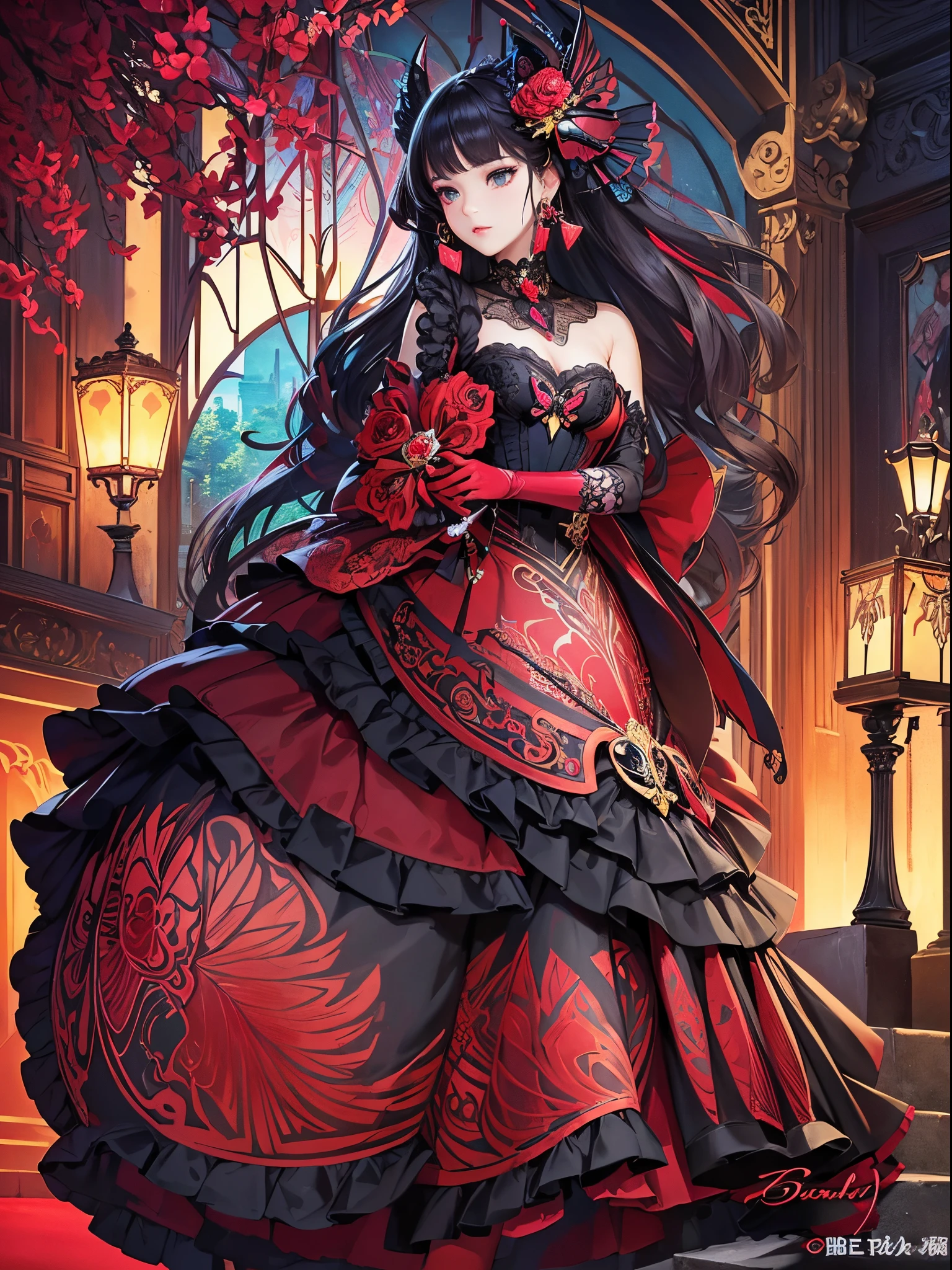 Butterfly motif、scarlet and black tones、Vibrant colors、((masterpiece)))、(((top-quality)))、((ultra-detailliert))、(A hyper-realistic)、(highly detailed CGillustration)、Official art、Paris at the beginning of the 20th century、Decadent、Madame Papillon、Cool Beauty、Masquerade、refinement、Elegance、Gorgeous、Masks that cover most of the face、Colorful and detailed mask design、matchless beauty、Fans、gorgeous dress、jewely、Female Solo、Perfect Angle、perfect-composition、full body Esbian