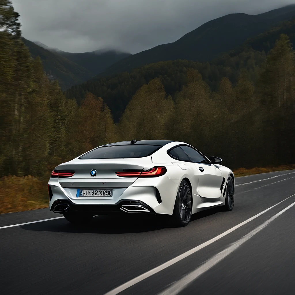 Ultra-realistic image，Forest Road，Drive the sporty BMW 850 white model