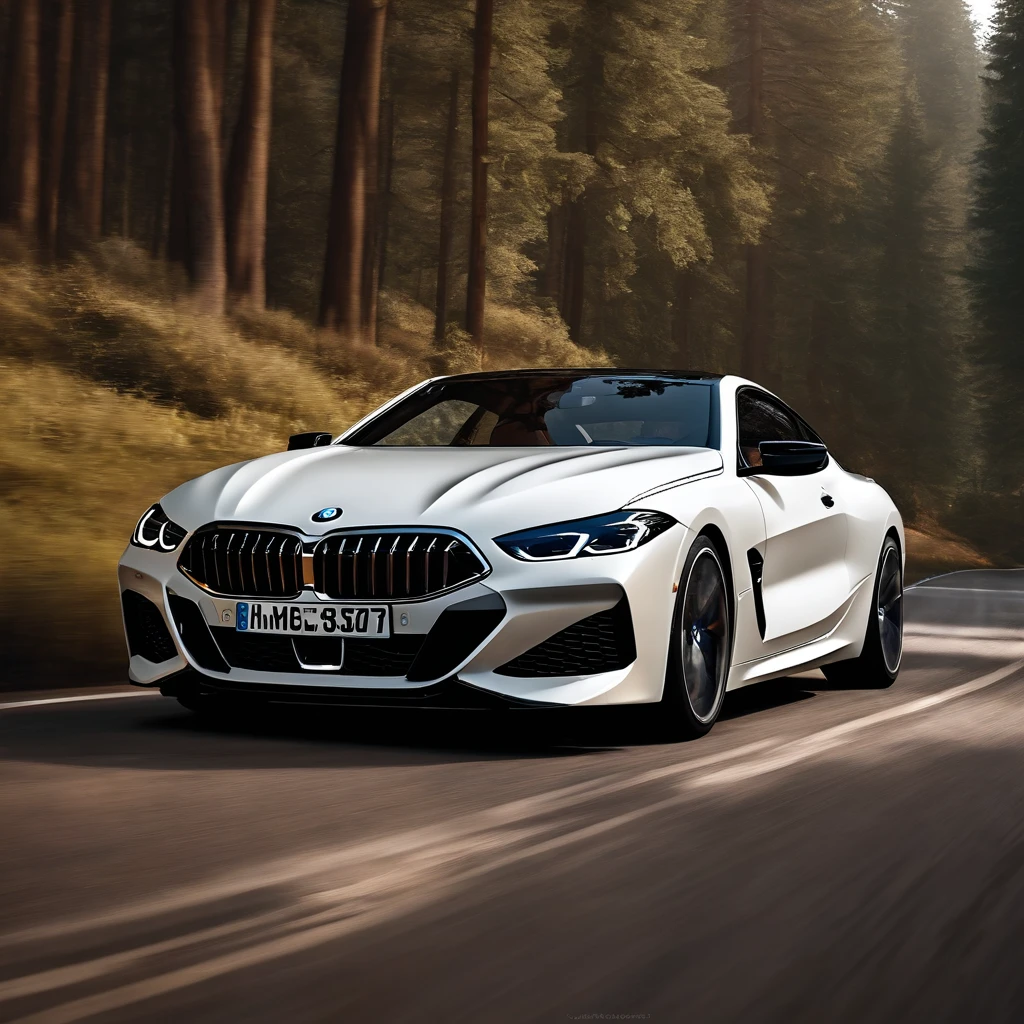 Ultra-realistic image，Forest Road，Drive the sporty BMW 850 white model