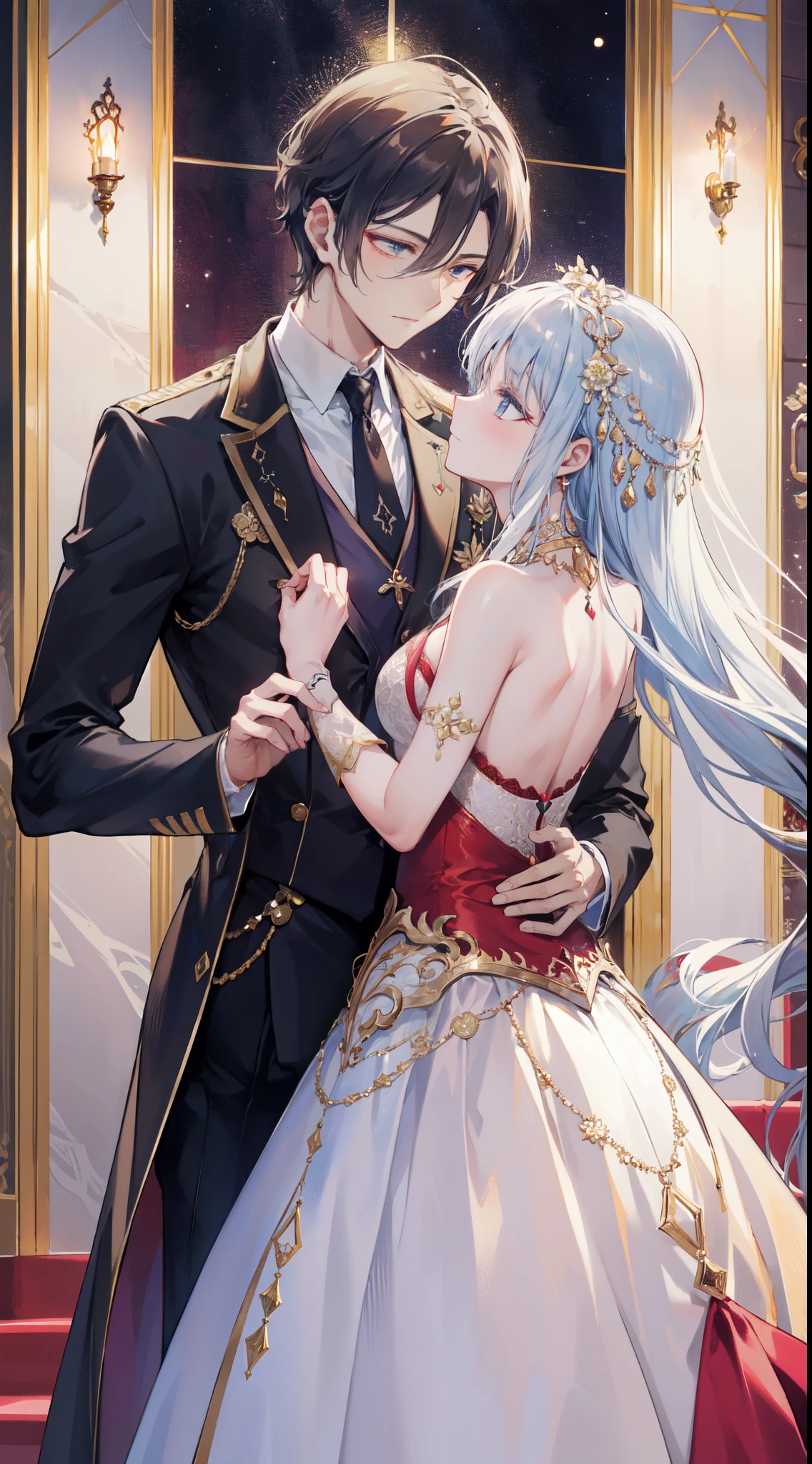 In the great medieval ballroom, lit by the soft glow of flickering torches and adorned with intricate tapestries, A pair of lovers moved gracefully across the polished marble floor. The air was filled with the melodic strains of a minstrel's lute, weaving a tapestry of enchanting notes that seemed to embrace their every step.
ele, a gallant knight with chiseled features and eyes as deep as the night sky, He was dressed in his finest attire - a velvety tunic adorned with golden threads and a polished suit of armor that gleamed in the soft light.. His gloved hand rested gently on her waist., seu toque firme, mas terno, how he guided her with practical ease.
ela, a vision of elegance and beauty, usava um vestido que descia em cascata em ondas de seda e cetim, a cor da meia-noite com detalhes de prata que brilhavam como poeira estelar. O cabelo dela, adorned with delicate jewels and a single blooming rose, framed a face that radiated innocence and passion. Seus olhos se fecharam no dele, sparkling with a mix of devotion and desire.
While they danced, Seus passos estavam perfeitamente sincronizados, a harmonious ballet of movements that spoke of an unspoken connection between their souls. The ballroom seemed to disappear, leaving just the two locked in a timeless embrace, swaying to the rhythm of their hearts desires.
Ao seu redor, nobles and courtiers watched in silent admiration, their whispers mingling with the music like a gentle breeze through open windows. Lovers were the center of attention, no entanto, em seu mundo compartilhado, They were the only ones who really existed.
A cada giro e mergulho, O riso misturava-se com a melodia, a symphony of joy that echoed through the opulent chamber. Their love was a story written in every step, cada olhar, every touch – a story that transcended the constraints of time and place, a story that would be told for generations to come.