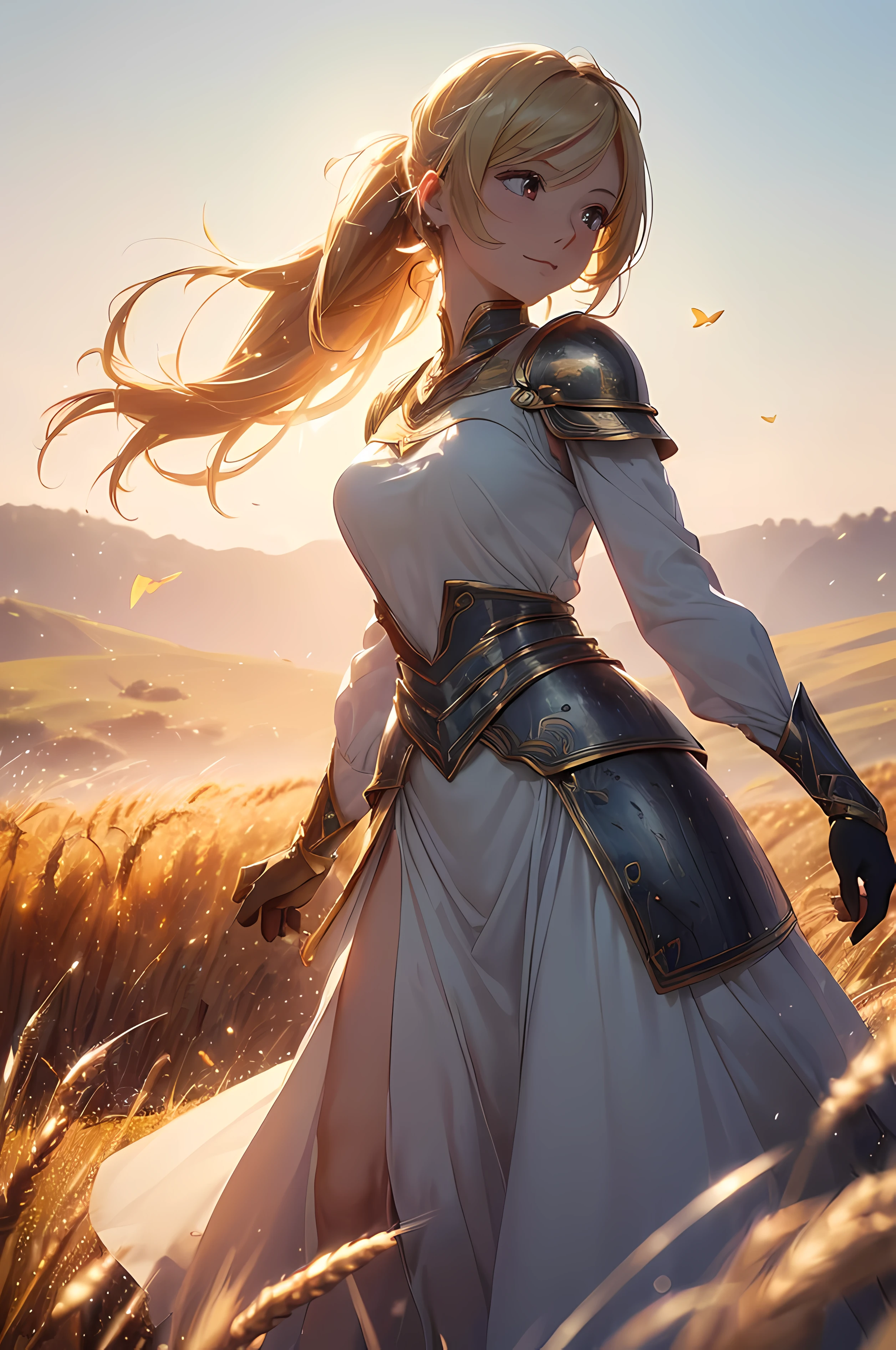 A beautiful woman, (((1 girl, solo, running, (wheat field), turning around, golden eyes, long withe dress, middle ages, medieval outfit, long sleeves sunset, light from behind, shadow on the figure, smile, laughter, (blue sky), against the background of wheat, standing in the distance, looking at the viewer, full-length
, elegance under the sun, straw hat, movement motion, image look alive))), ((perfect body figure, beautiful face, beautiful face, milf, age 46, royal, blazing blond color hair, ponytail hair style, beautiful skin, Extremely details hair, fine details)), (((cinematic lighting, beautiful lighting effect, creative design, full body frame, divine aura, hard harmony , shining light, perfect color transition, perfect balance of contrast, perfect color layer, perfectly smooth color blur, soft rendering, smooth color stroke, moon glare, optic lens, moonlight ray, soft colors, smooth colors blend, perfect color rendering, harmony, perfect color harmony, beautiful color, soft harmony, light particles, perfect details, intricate details, color prism, fine details, refine details, intricate armor details, fine armor, smooth clothes texture))), Tachibana Omina art style, affectionate eyes, half a smile, slightly open mouth, a gentle expression on his face, serene scenery of grassland under the sun, grass floating around, calm, breeze and sunlight in the background, butterflies in the sky, realism, ((Best quality))),8k,((Masterpiece)),(Extremely refined and beautiful)