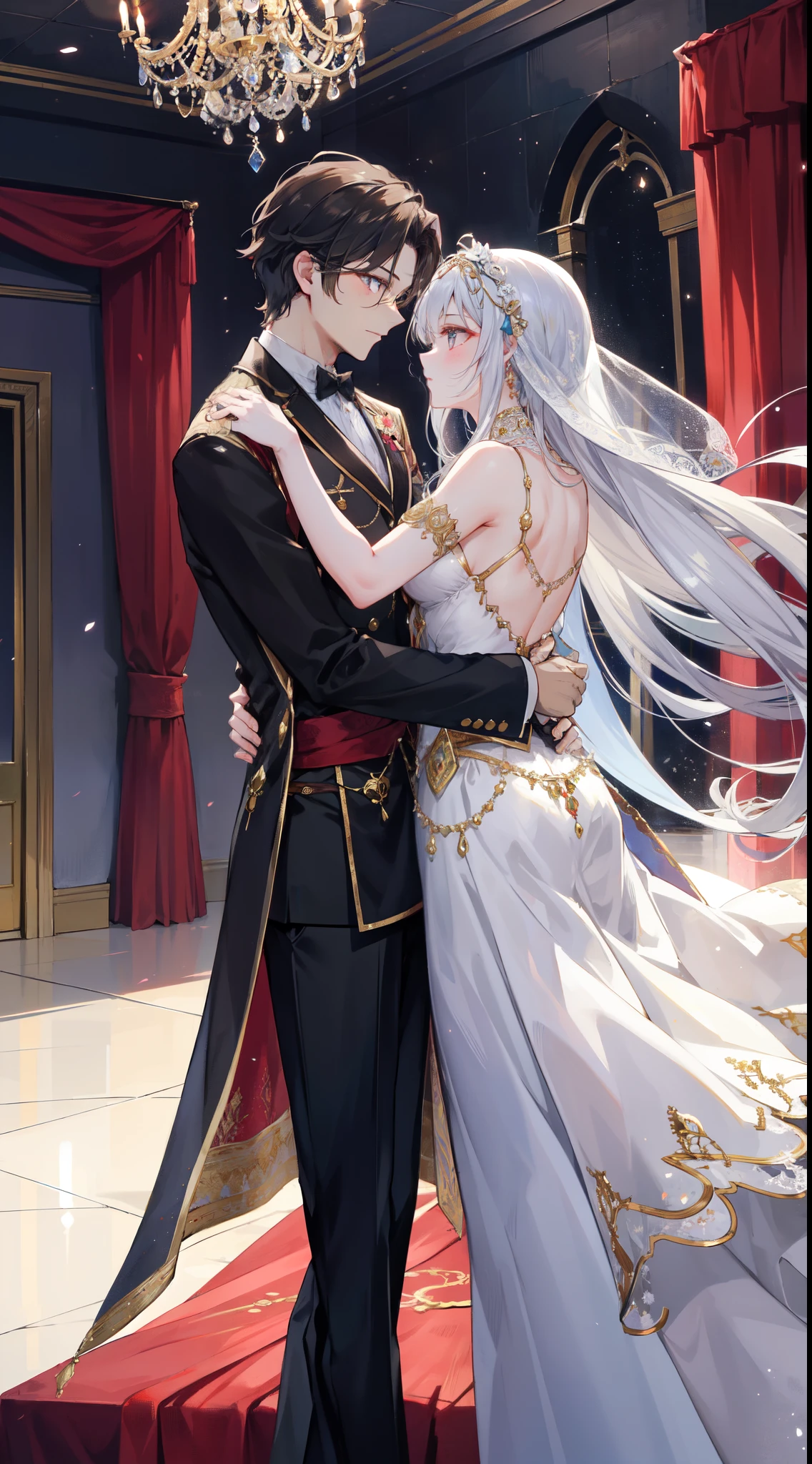 In the great medieval ballroom, lit by the soft glow of flickering torches and adorned with intricate tapestries, A pair of lovers moved gracefully across the polished marble floor. The air was filled with the melodic strains of a minstrel's lute, weaving a tapestry of enchanting notes that seemed to embrace their every step.
ele, a gallant knight with chiseled features and eyes as deep as the night sky, He was dressed in his finest attire - a velvety tunic adorned with golden threads and a polished suit of armor that gleamed in the soft light.. His gloved hand rested gently on her waist., seu toque firme, mas terno, how he guided her with practical ease.
ela, a vision of elegance and beauty, usava um vestido que descia em cascata em ondas de seda e cetim, a cor da meia-noite com detalhes de prata que brilhavam como poeira estelar. O cabelo dela, adorned with delicate jewels and a single blooming rose, framed a face that radiated innocence and passion. Seus olhos se fecharam no dele, sparkling with a mix of devotion and desire.
While they danced, Seus passos estavam perfeitamente sincronizados, a harmonious ballet of movements that spoke of an unspoken connection between their souls. The ballroom seemed to disappear, leaving just the two locked in a timeless embrace, swaying to the rhythm of their hearts desires.
Ao seu redor, nobles and courtiers watched in silent admiration, their whispers mingling with the music like a gentle breeze through open windows. Lovers were the center of attention, no entanto, em seu mundo compartilhado, They were the only ones who really existed.
A cada giro e mergulho, O riso misturava-se com a melodia, a symphony of joy that echoed through the opulent chamber. Their love was a story written in every step, cada olhar, every touch – a story that transcended the constraints of time and place, a story that would be told for generations to come.